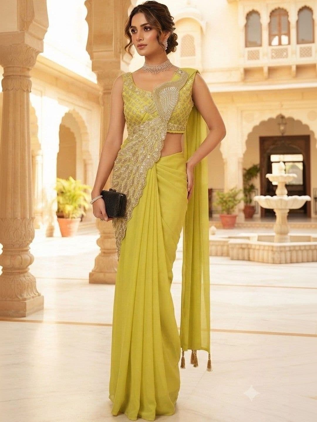 SmileyFashion Embellished Embroidered Pure Georgette Designer Saree - view 1