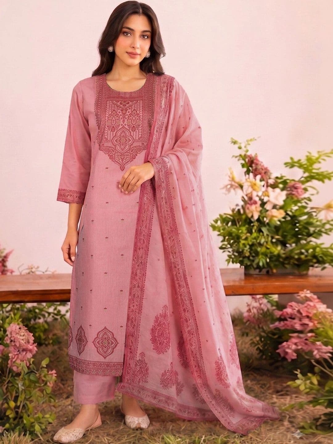 SKYLEE Women Ethnic Motifs Embroidered Regular Thread Work Pure Cotton Kurta with Trousers & With Dupatta - view 1