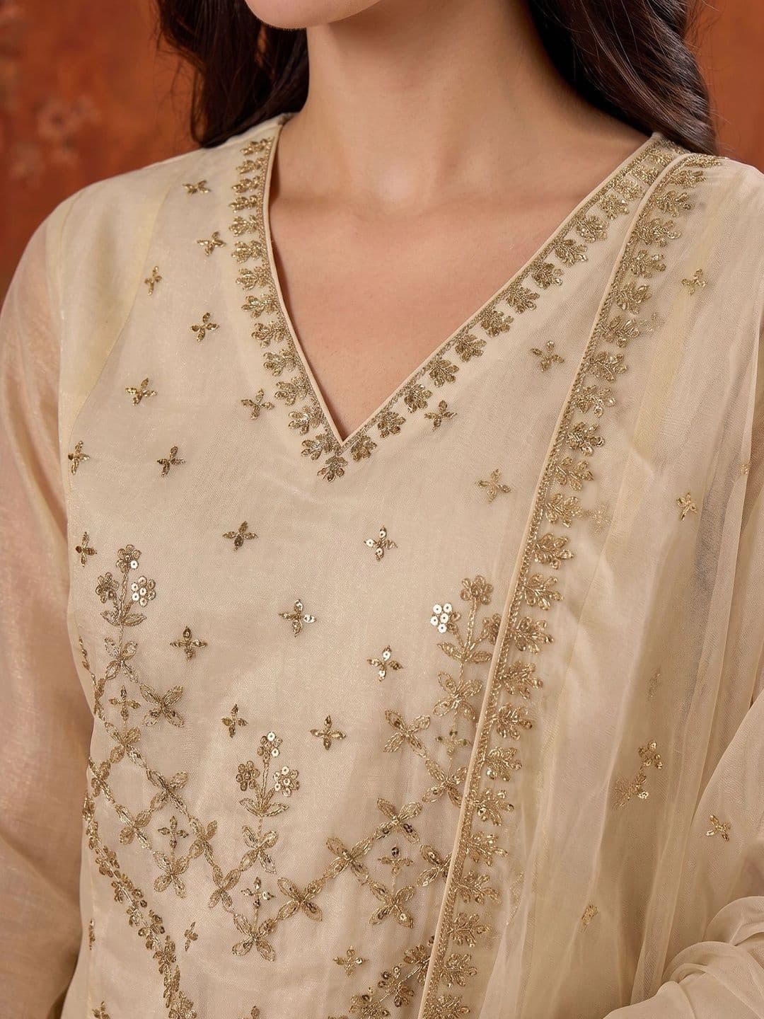 Sangria Embroidered V-Neck Kurta & Trousers With Dupatta thumbnail 7