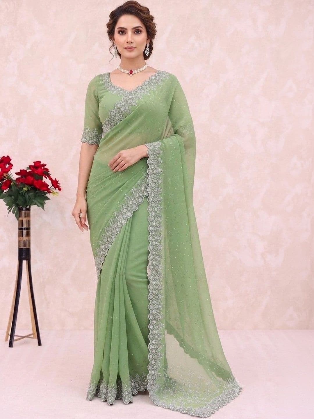 SmileyFashion Embellished Pure Georgette Saree - view 1