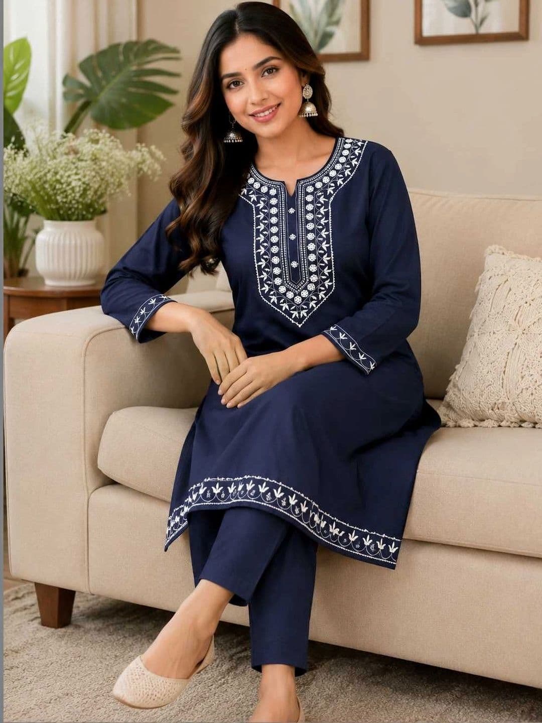 RICF ROYALS INDIA FASHION COLLECTION Women Ethnic Motifs Embroidered Regular Thread Work Kurta with Trousers - view 1