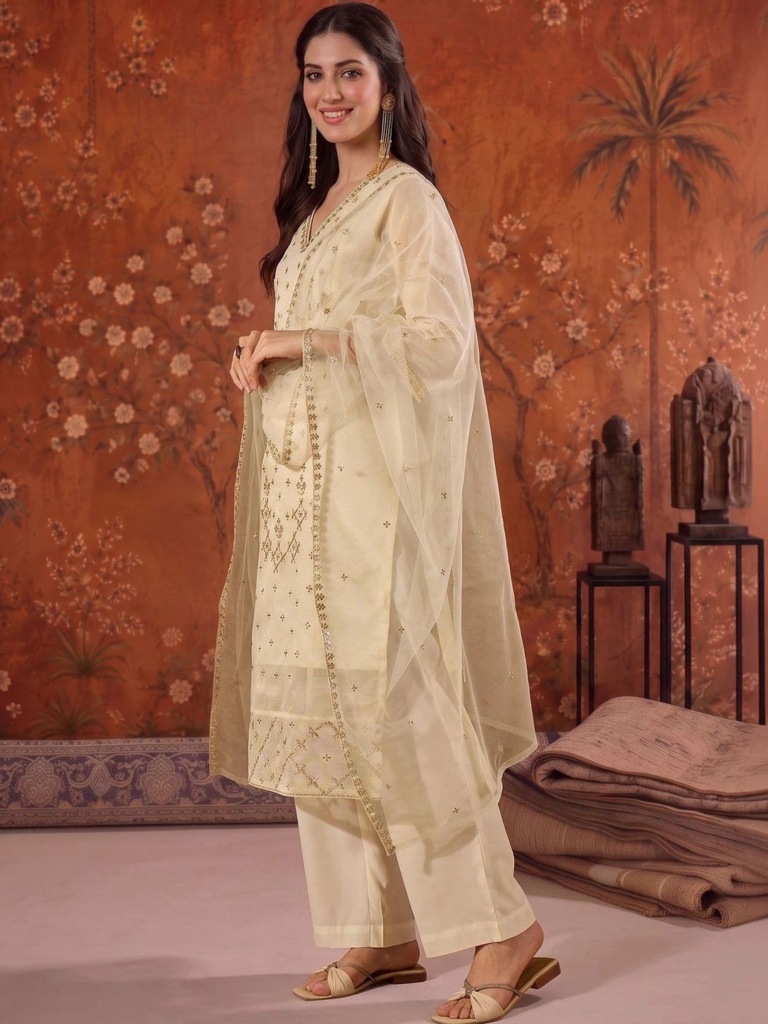 Sangria Embroidered V-Neck Kurta & Trousers With Dupatta thumbnail 2