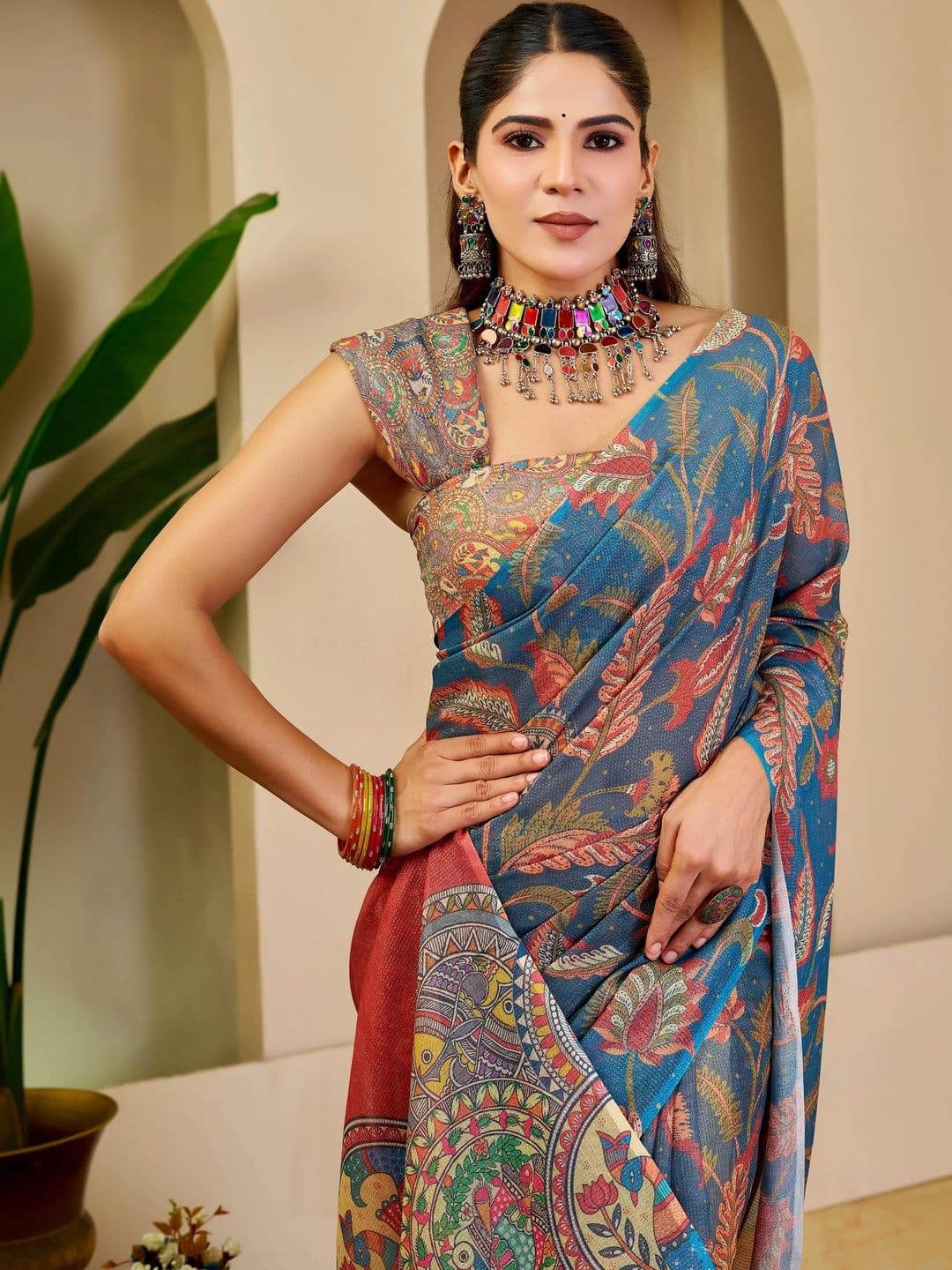MANVAA Women Kalamkari Silk Cotton Handloom Saree thumbnail 6