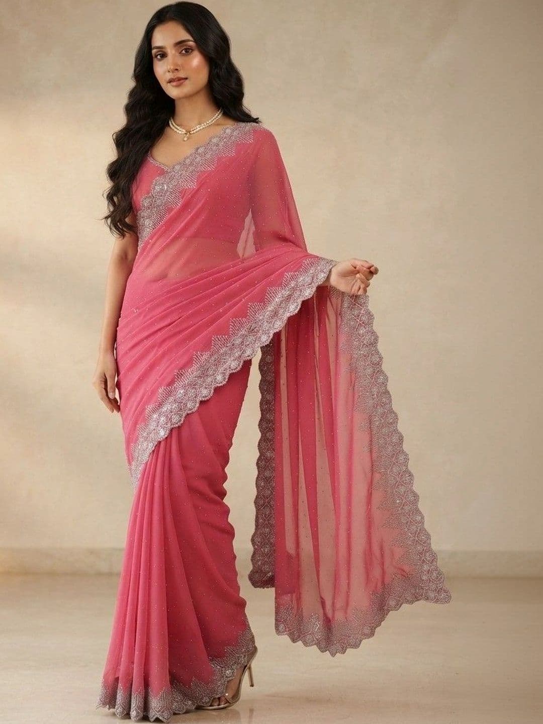 SmileyFashion Embroidered Pure Georgette Saree thumbnail 4
