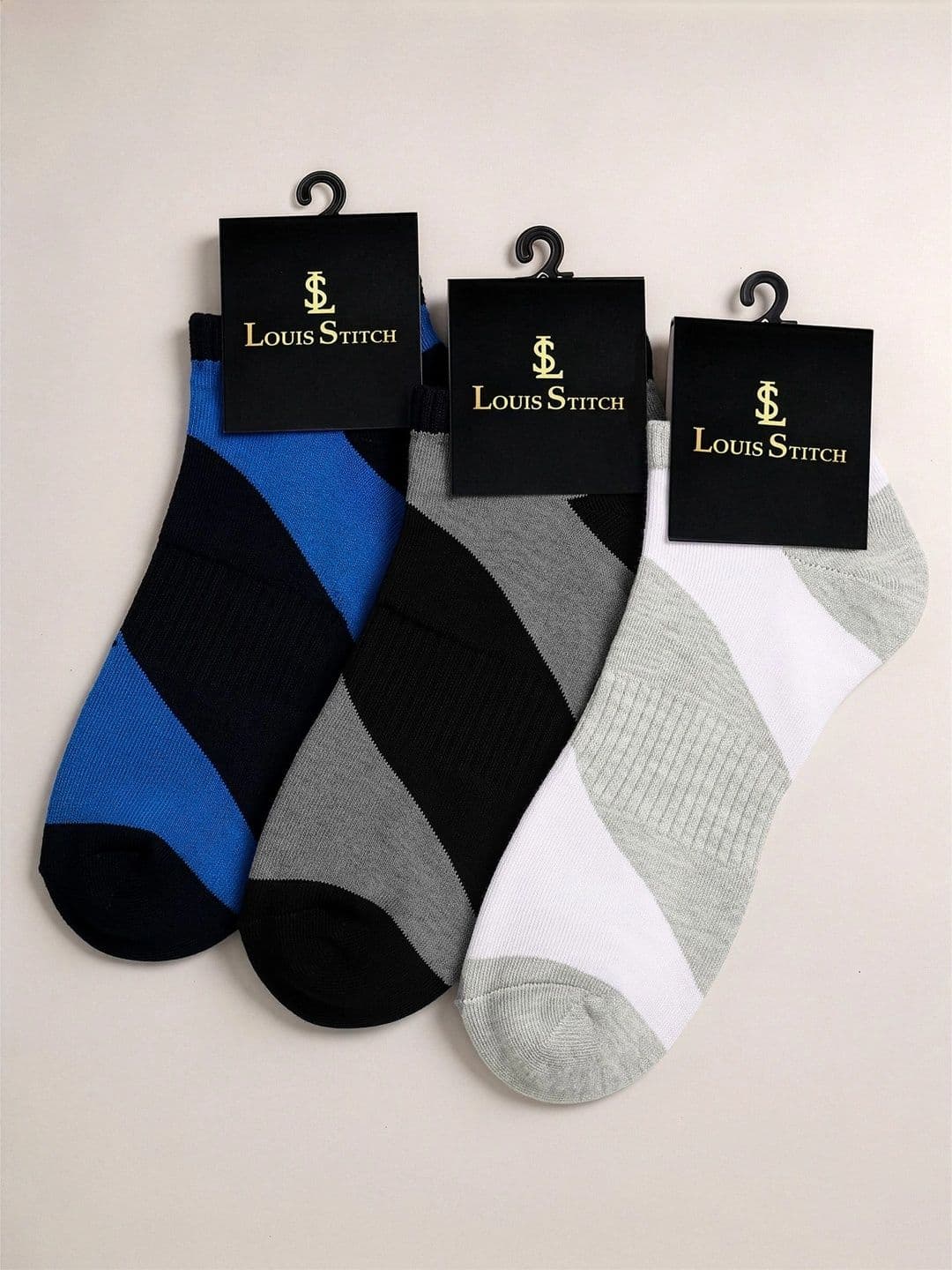 LOUIS STITCH Men Pack of 3 Cotton Assorted Colourblocked Ankle Length Socks thumbnail 2
