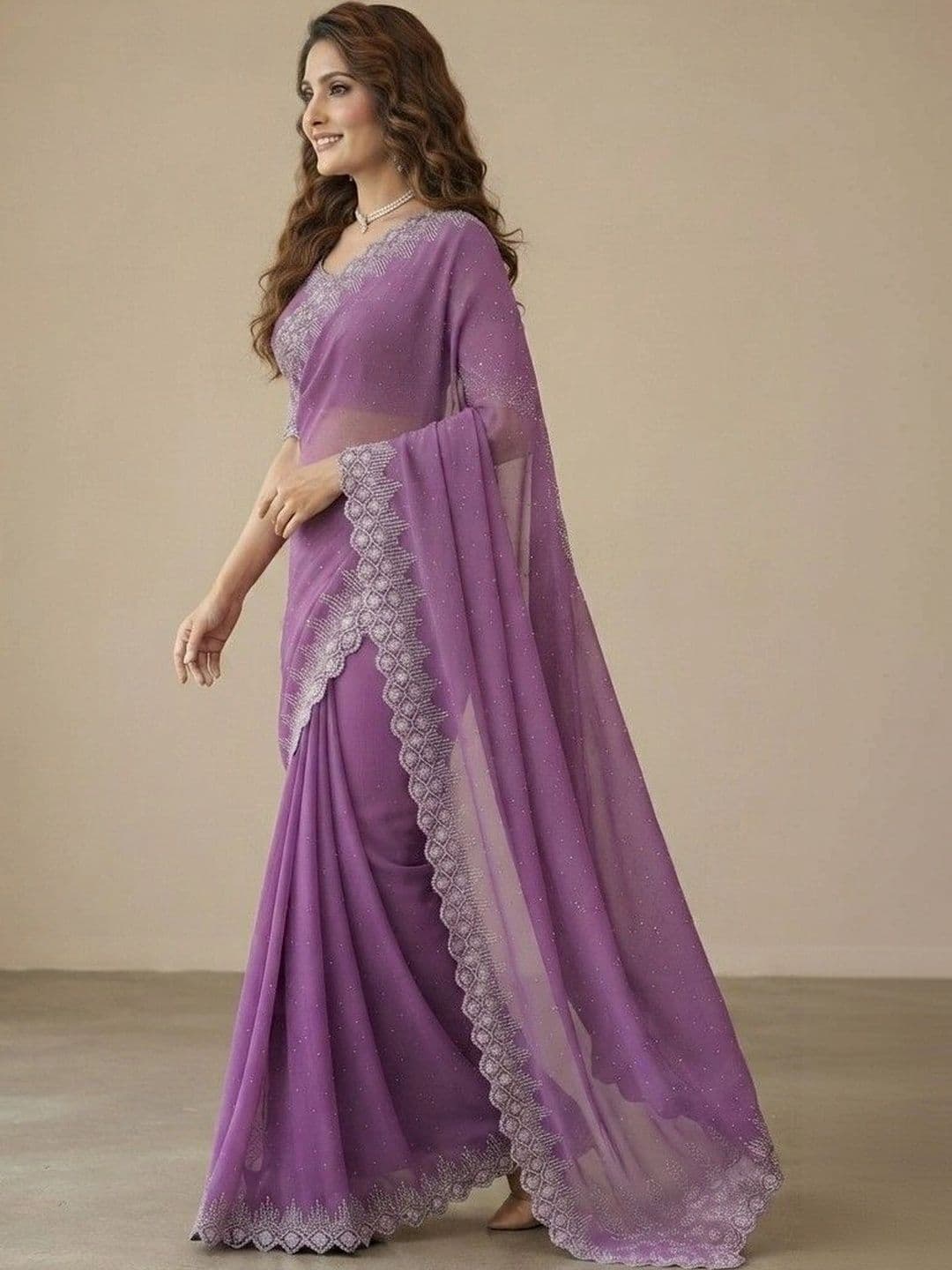 SmileyFashion Embroidered Pure Georgette Saree thumbnail 3