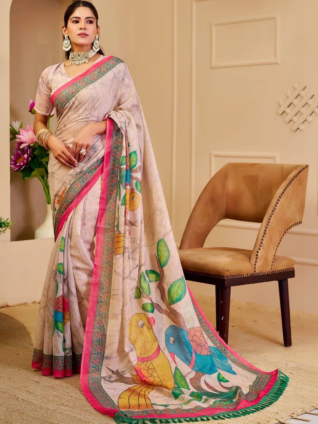 MANVAA Floral Silk Cotton Handloom Saree - view 1