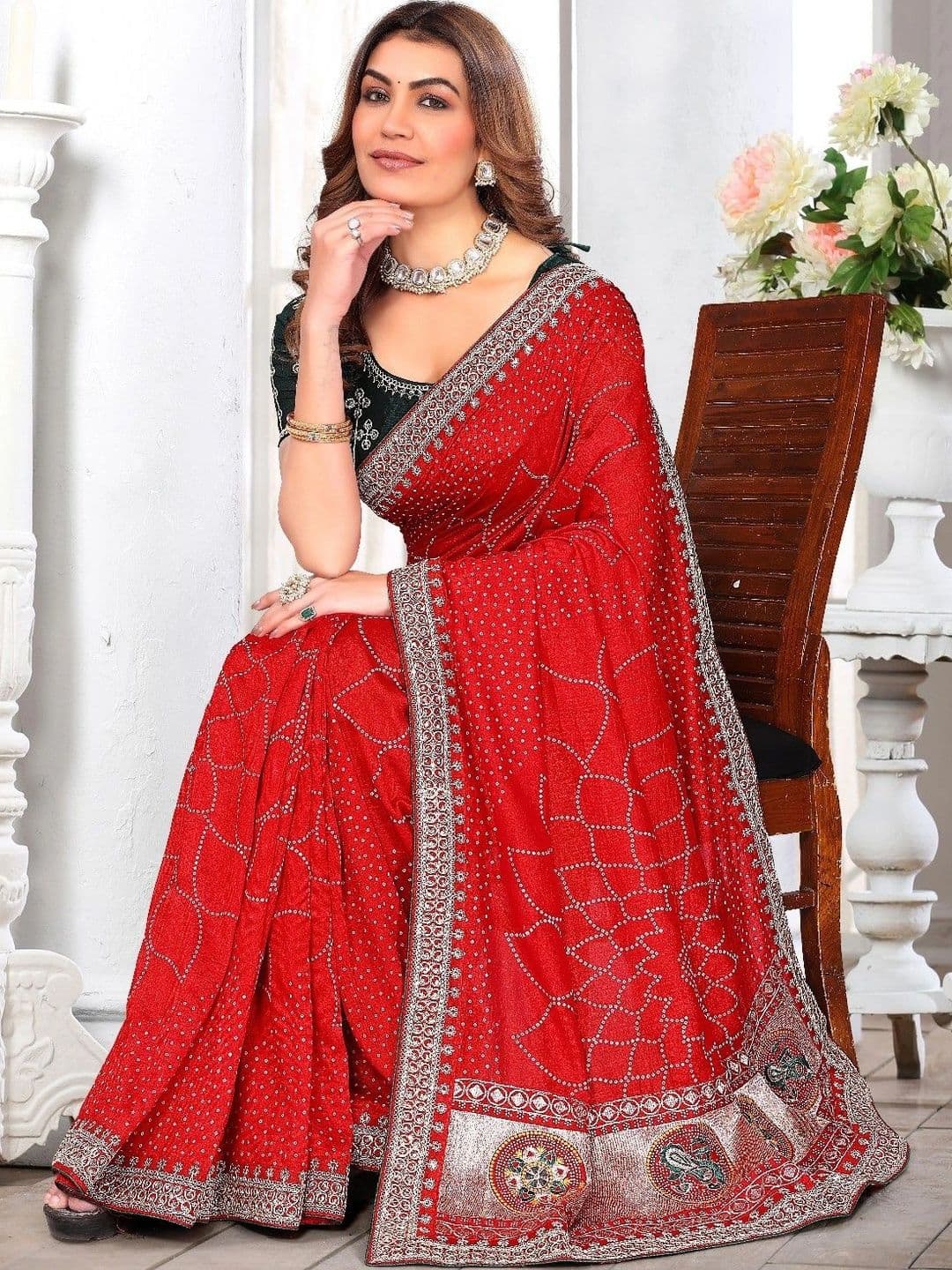 SmileyFashion Bandhani Embroidered Art Silk Designer Saree thumbnail 4