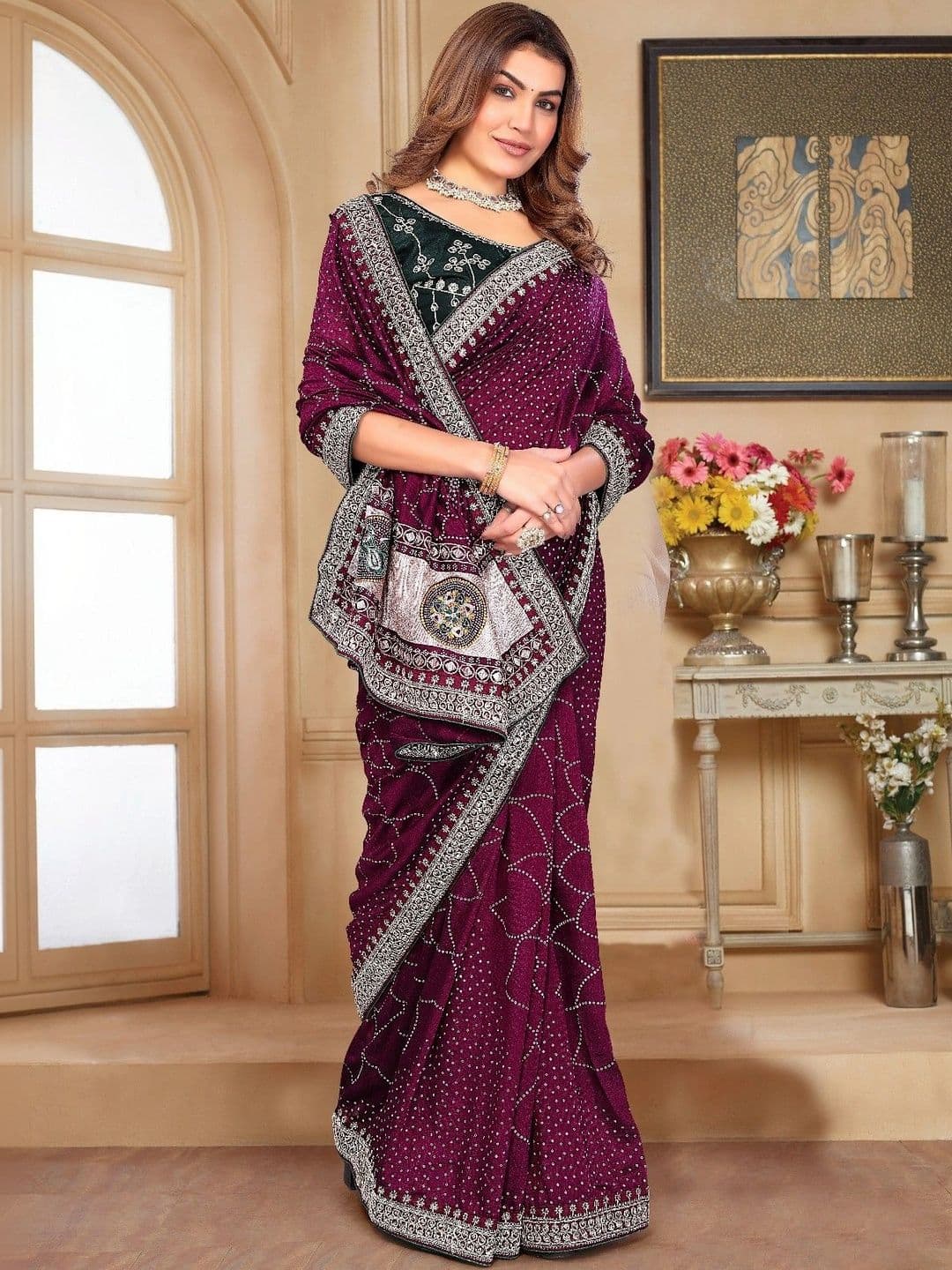 SmileyFashion Embellished Embroidered Art Silk Designer Saree thumbnail 5