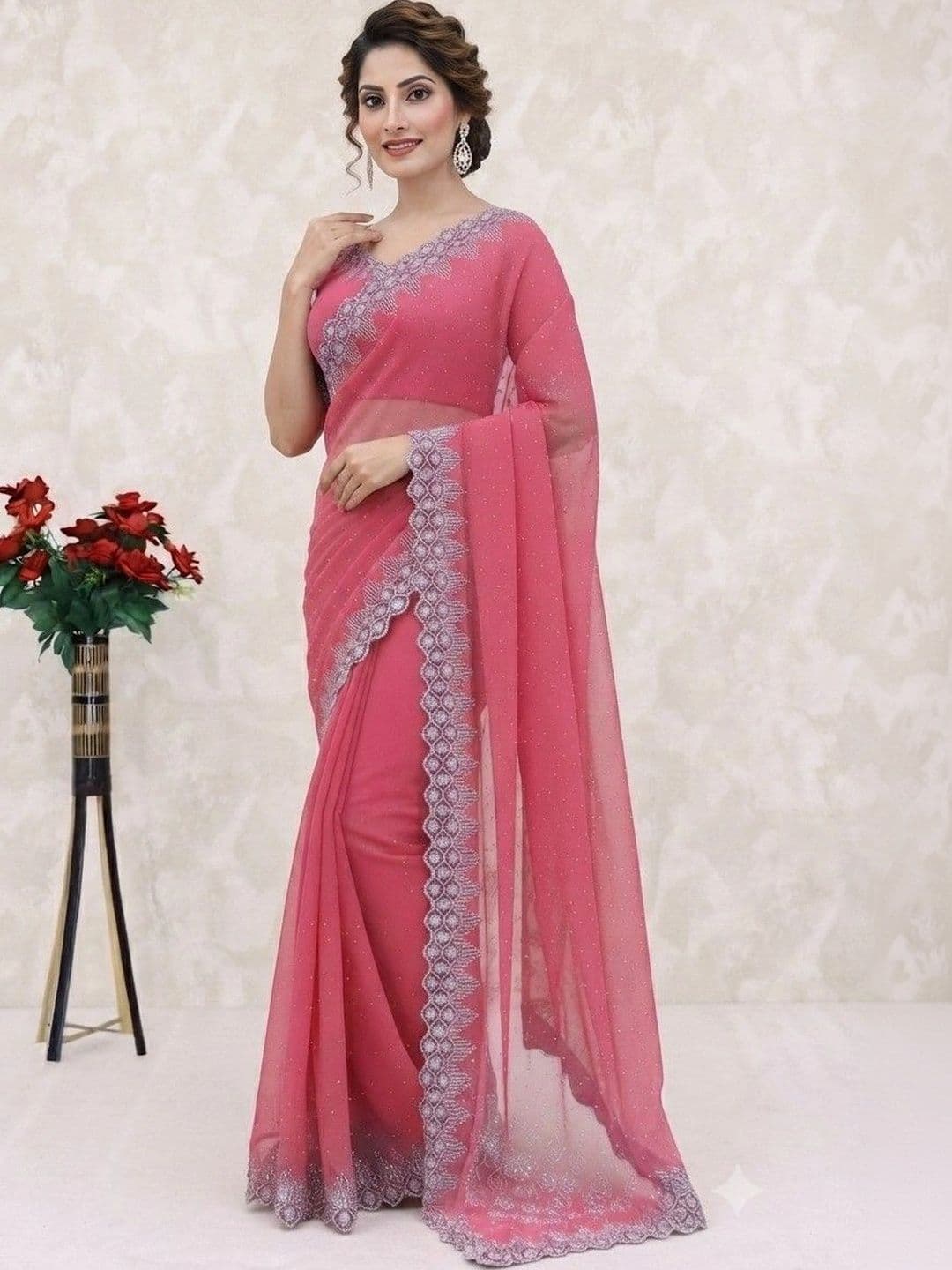 SmileyFashion Embroidered Pure Georgette Saree thumbnail 5
