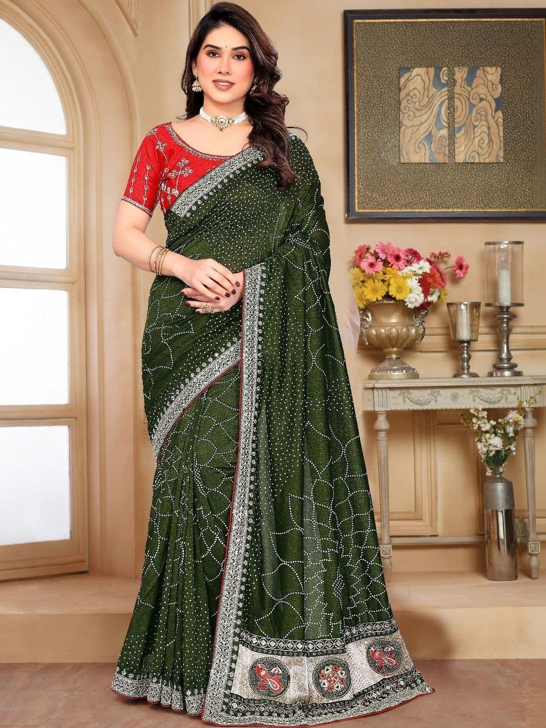 SmileyFashion Bandhani Embroidered Art Silk Designer Saree - view 1