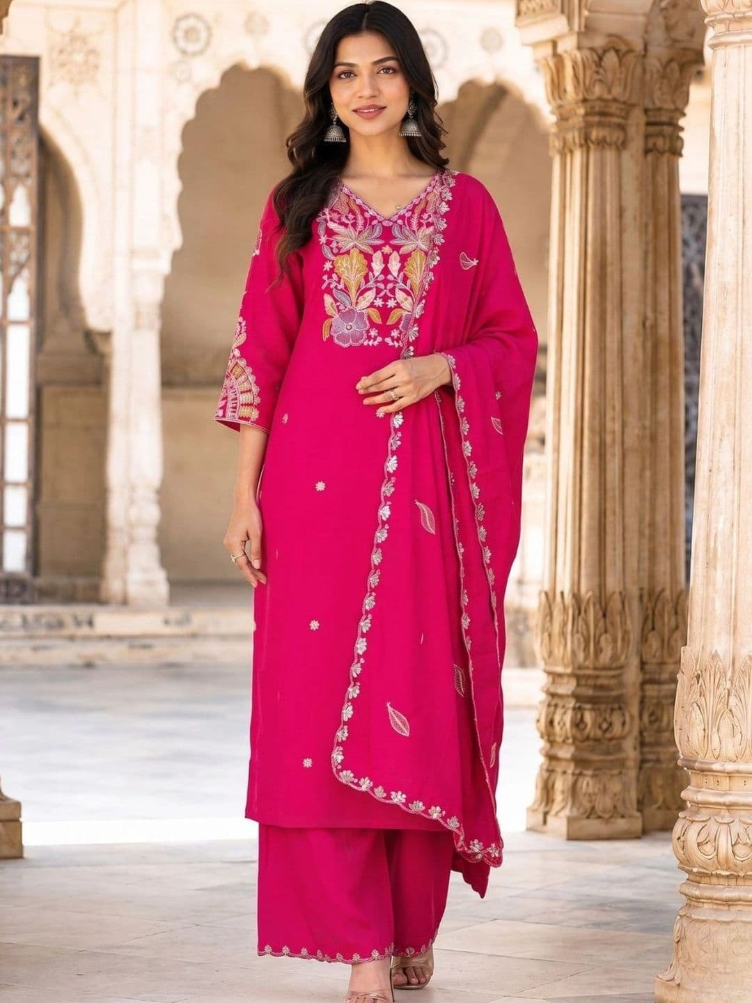 HERE&NOW X fwd Women Ethnic Regular Sequinned Pure Silk Kurta with Palazzos & With Dupatta thumbnail 5
