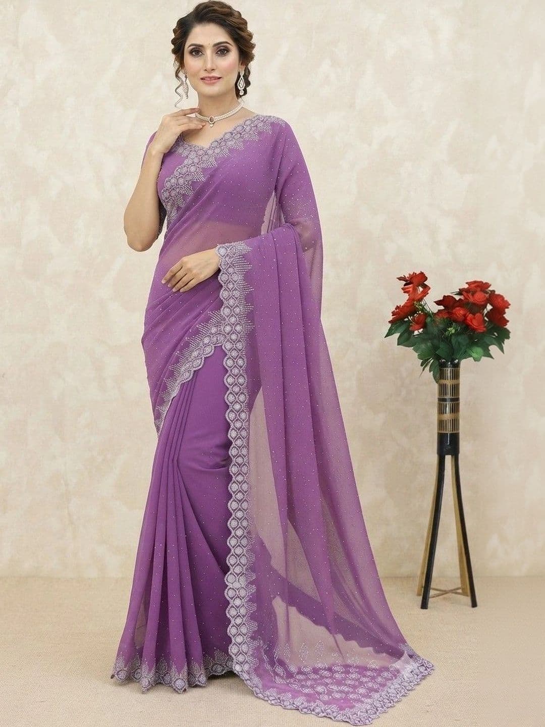 SmileyFashion Embellished Pure Georgette Saree - view 1
