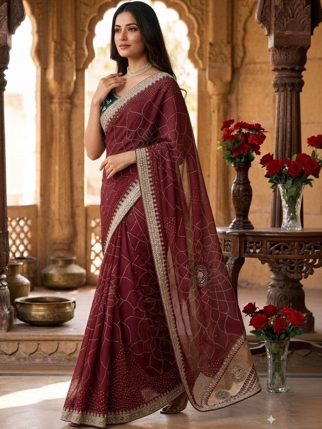 SmileyFashion Bandhani Embroidered Art Silk Designer Saree thumbnail 2