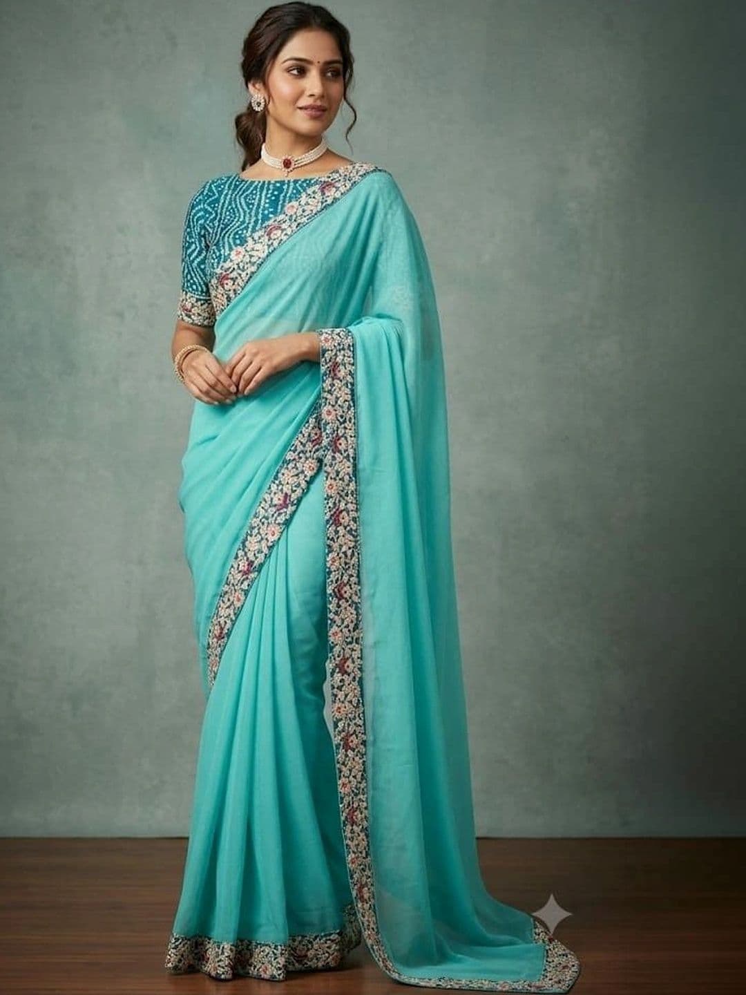 SmileyFashion Floral Embroidered Poly Chiffon Designer Saree - view 1