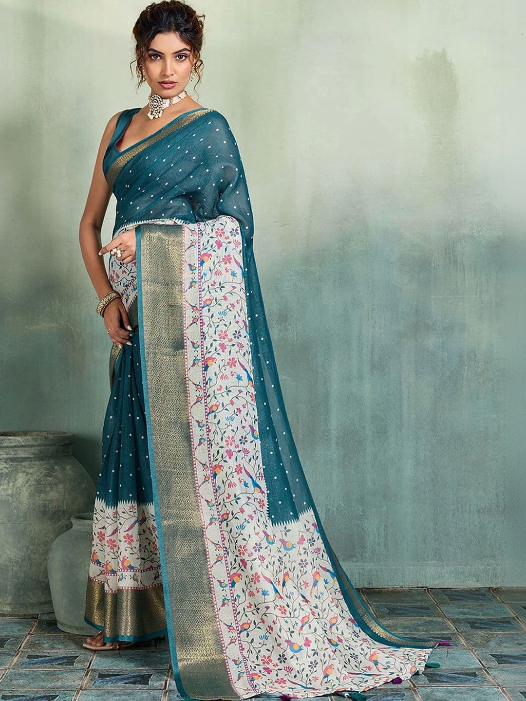 KALINI Floral Zari Designer Block Print Saree thumbnail 5