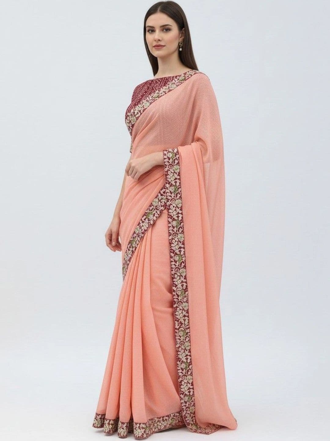 SmileyFashion Floral Embroidered Poly Chiffon Designer Saree thumbnail 5