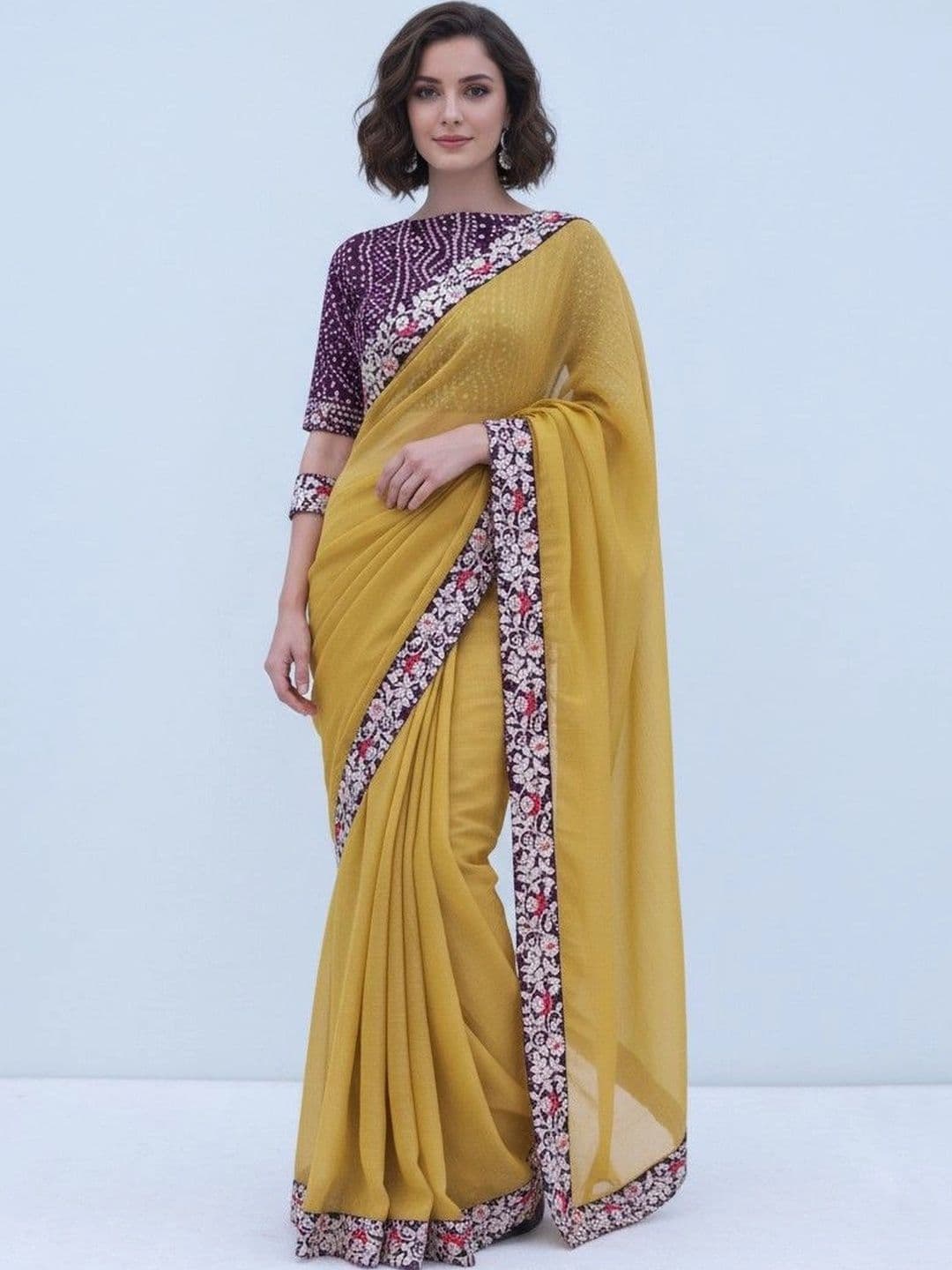 SmileyFashion Floral Embroidered Poly Chiffon Designer Saree - view 1