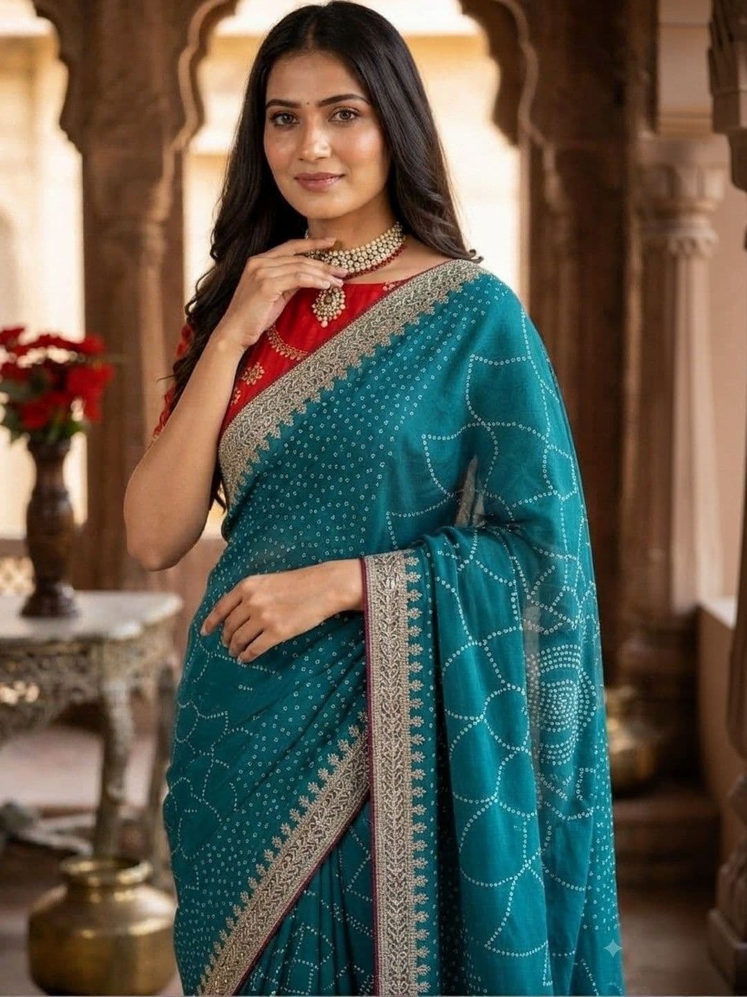 SmileyFashion Bandhani Embroidered Art Silk Designer Saree thumbnail 4