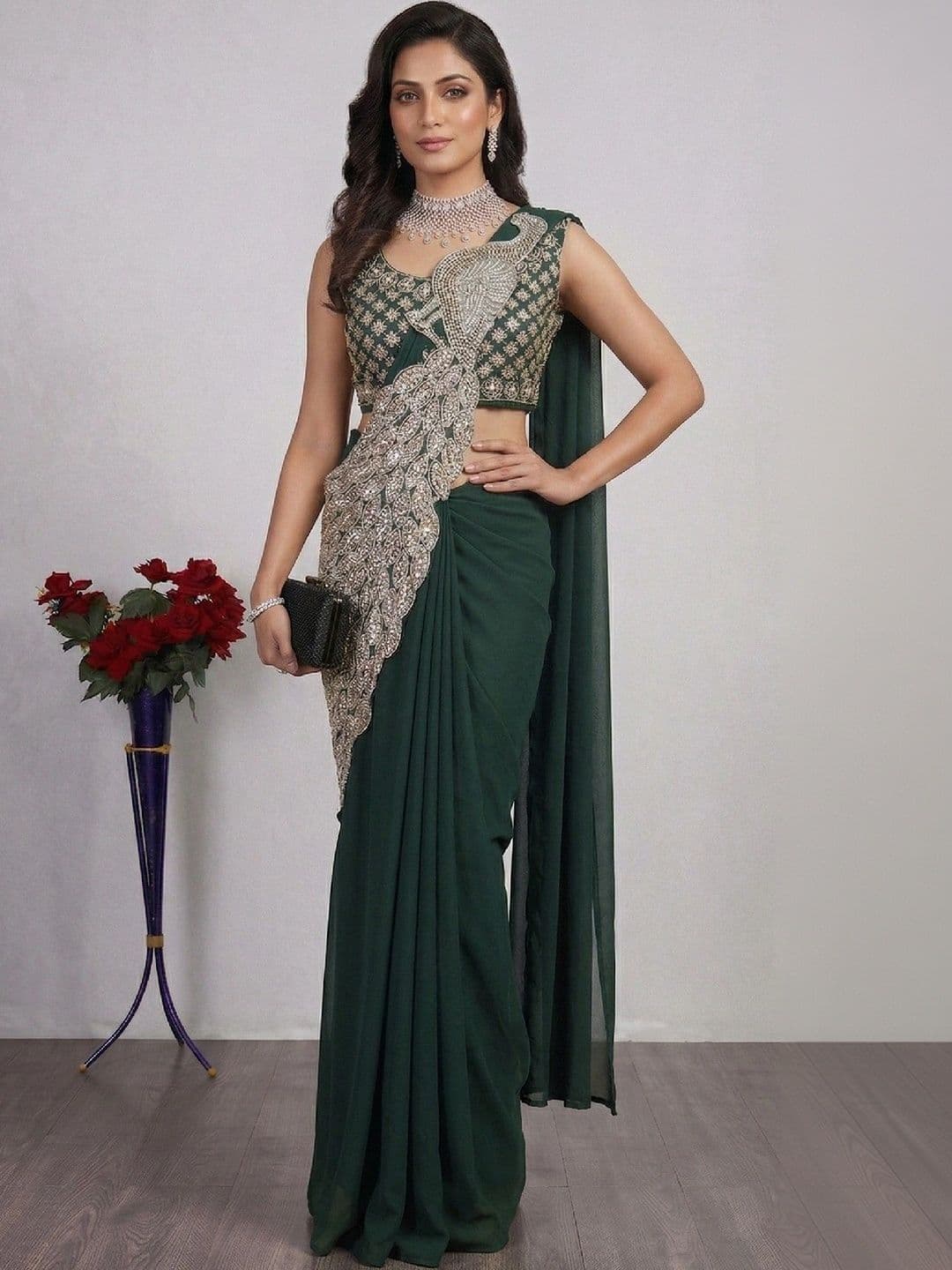 SmileyFashion Embellished Sequinned Pure Georgette Designer Saree thumbnail 3