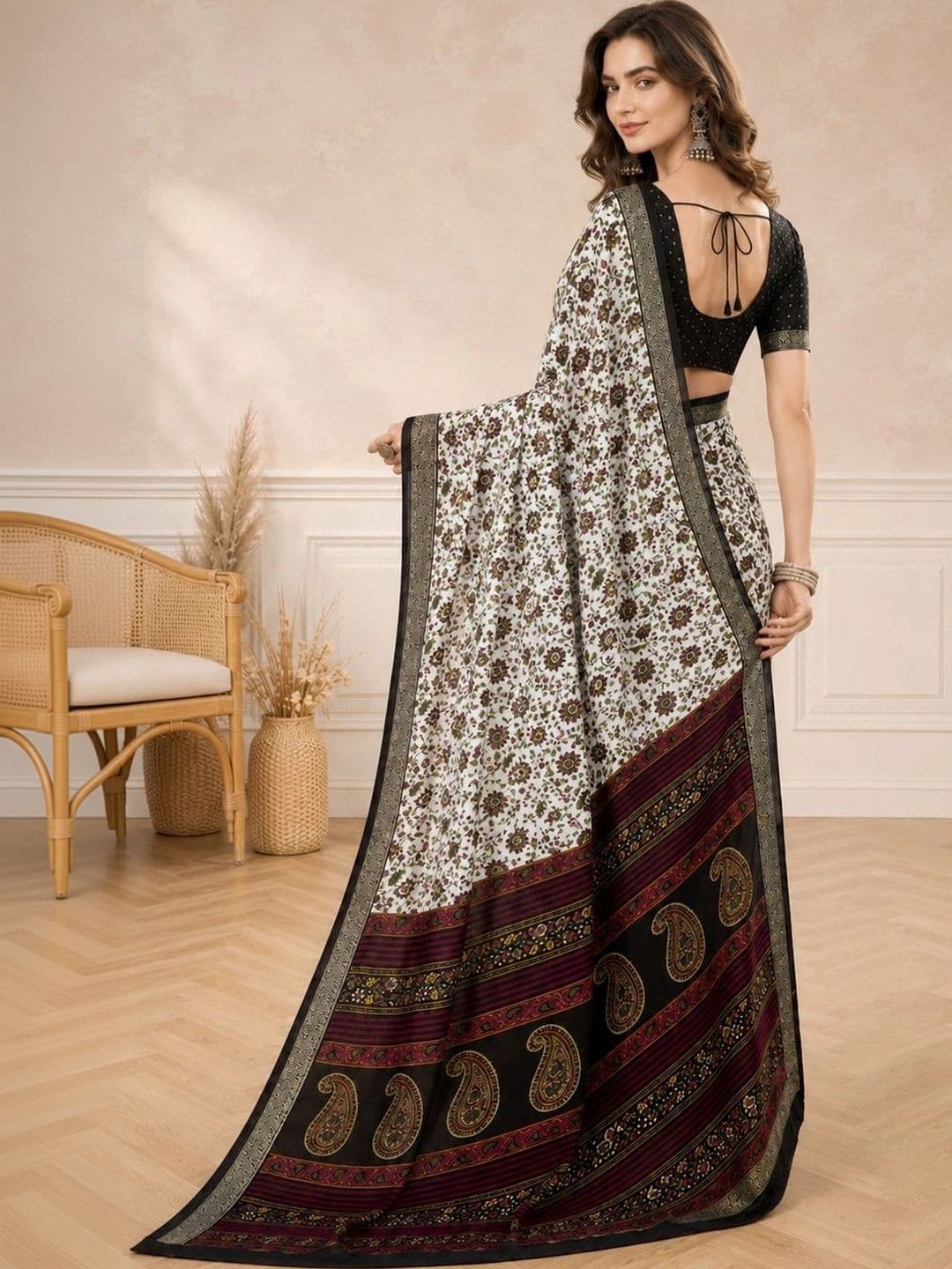 all about you Women Floral Zari Poly Crepe Fusion Saree thumbnail 4