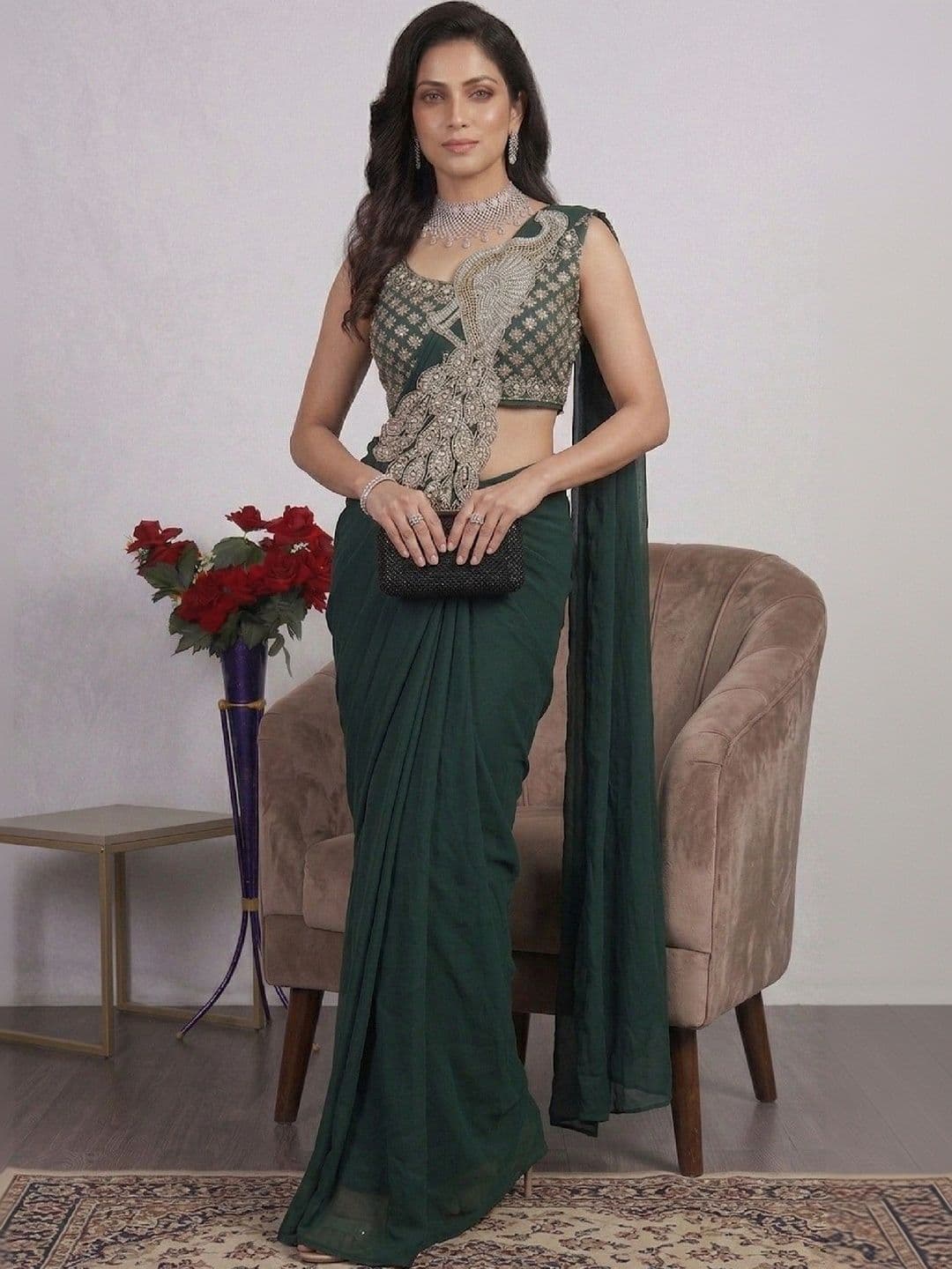 SmileyFashion Embellished Embroidered Pure Georgette Designer Saree - view 1