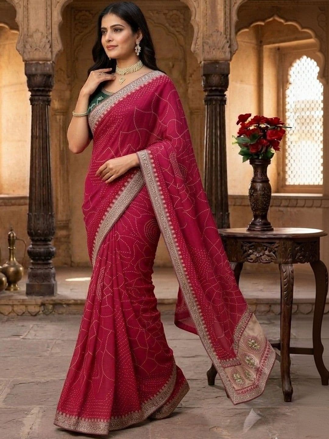 SmileyFashion Bandhani Embroidered Art Silk Designer Saree thumbnail 4