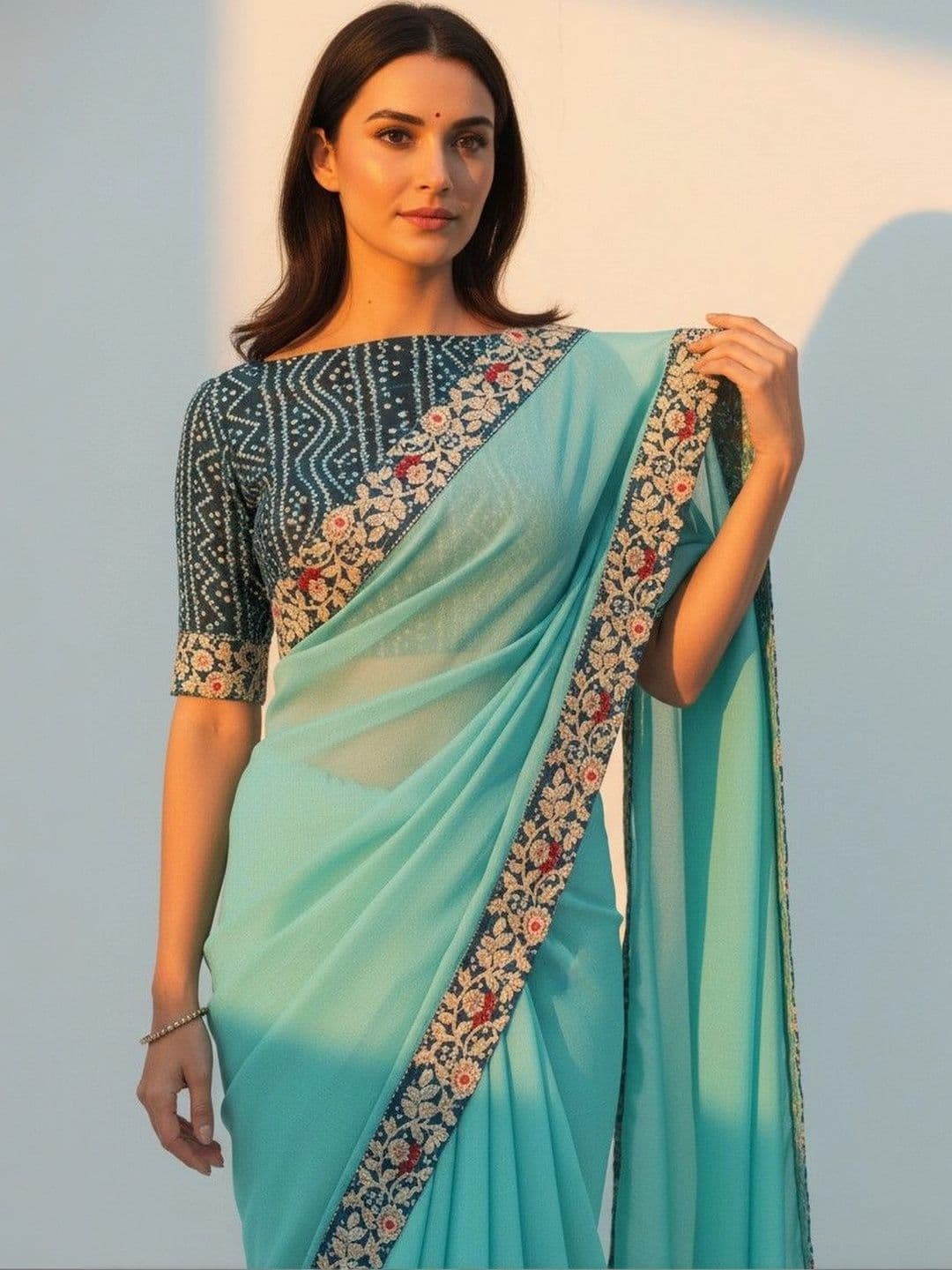 SmileyFashion Floral Embroidered Poly Chiffon Designer Saree thumbnail 6