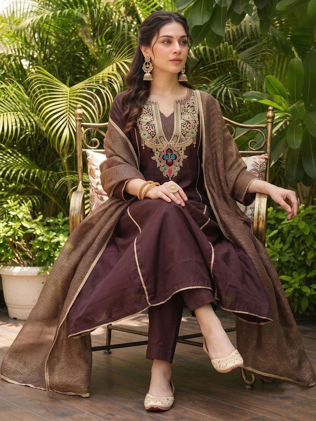 NAZARIA Women Ethnic Motifs Embroidered Regular Kurta with Trousers & With Dupatta thumbnail 2