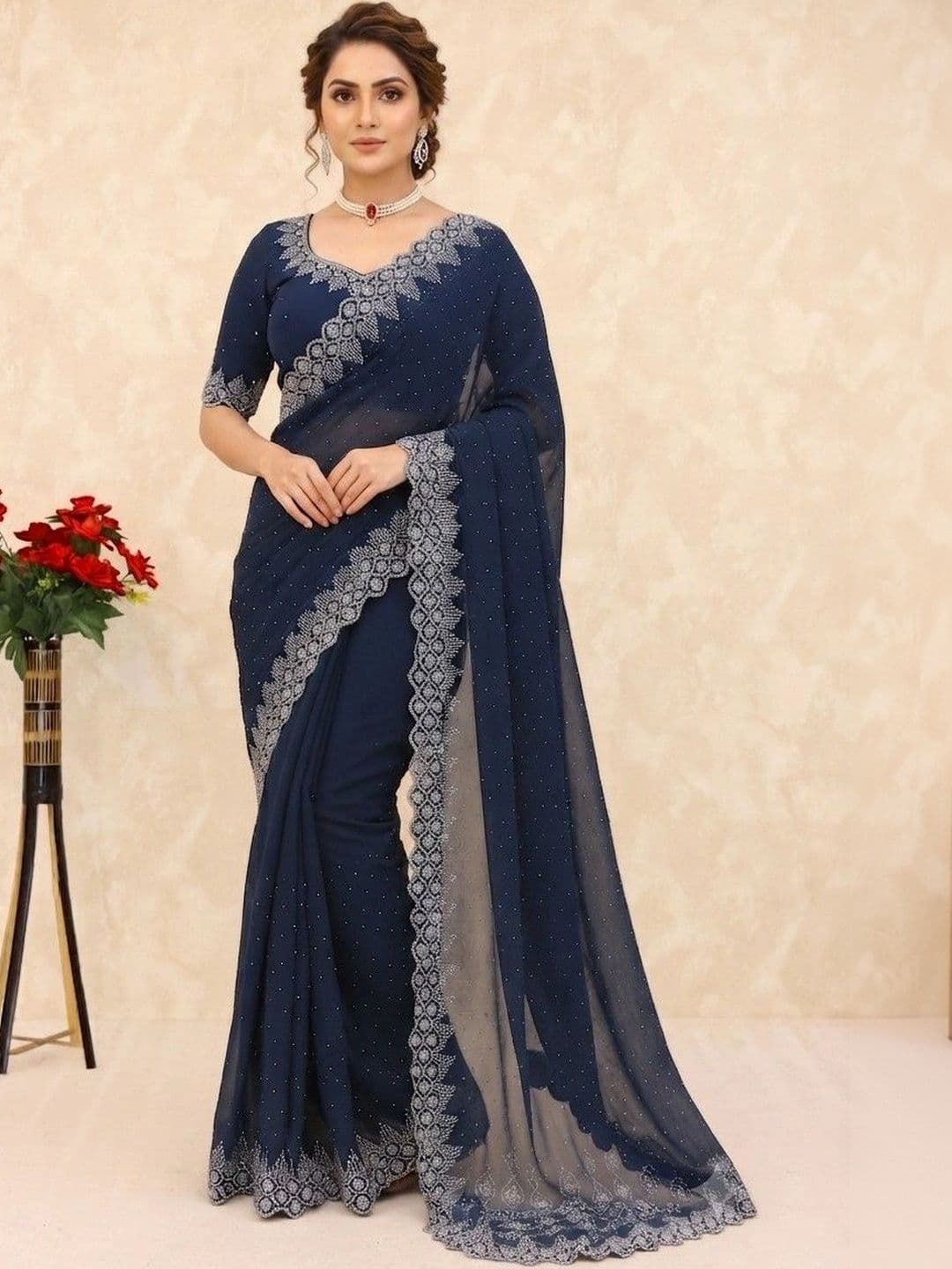 SmileyFashion Embellished Pure Georgette Saree - view 1