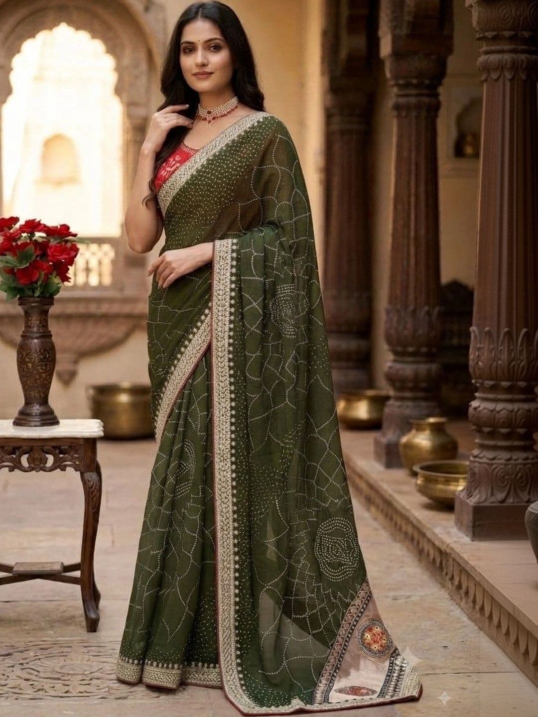 SmileyFashion Bandhani Embroidered Art Silk Designer Saree thumbnail 4
