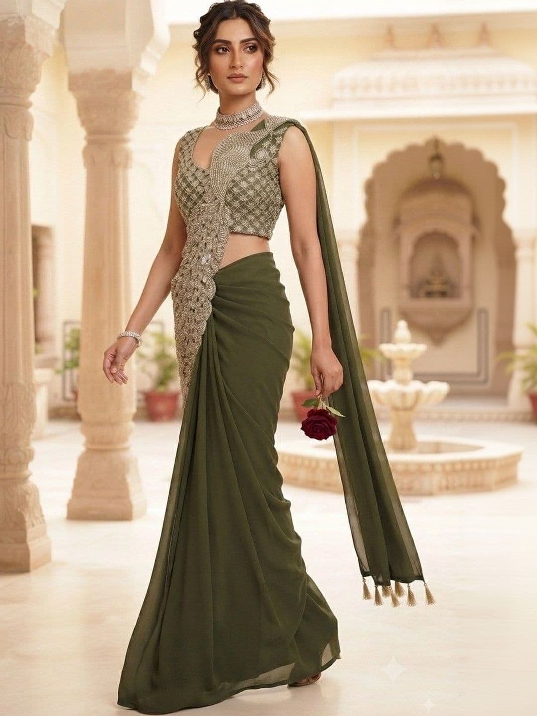 SmileyFashion Embellished Embroidered Pure Georgette Designer Saree thumbnail 2