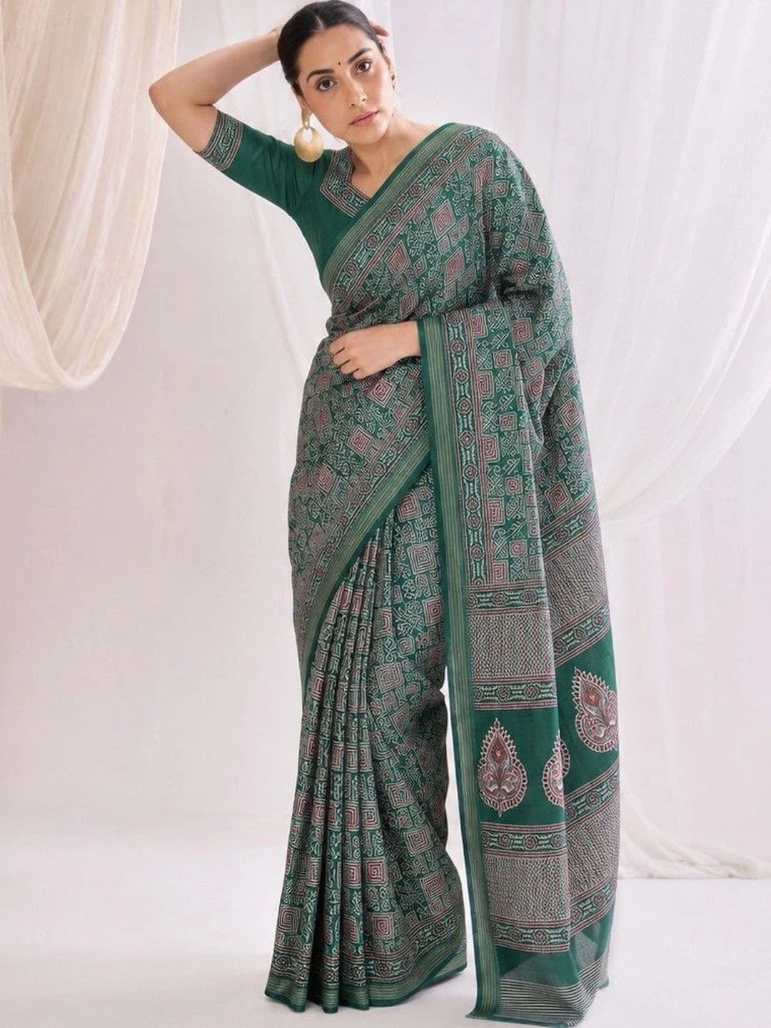 AARYAN SAREES Green Ajrakh Women Saree thumbnail 6
