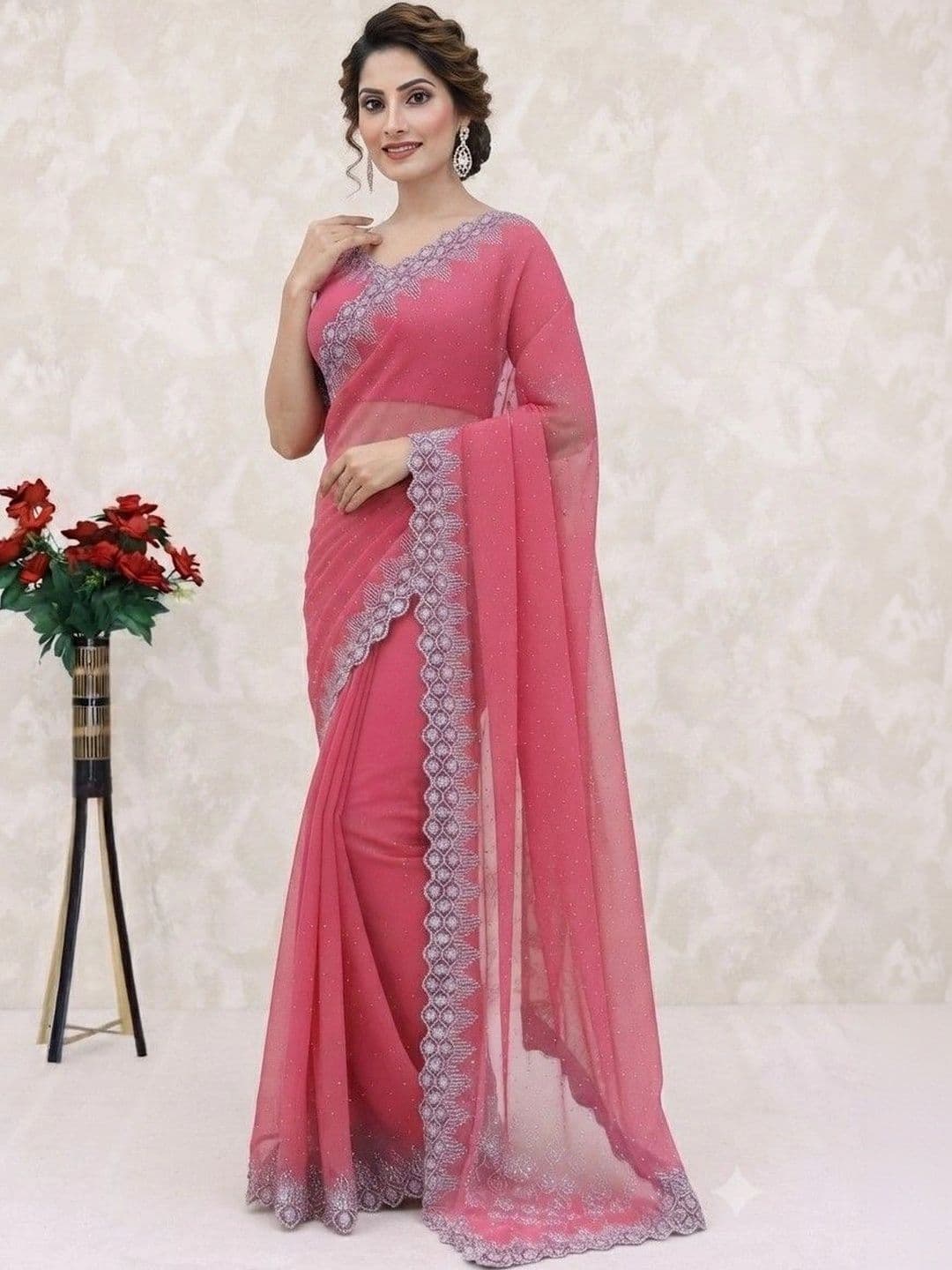 SmileyFashion Embroidered Pure Georgette Saree thumbnail 3