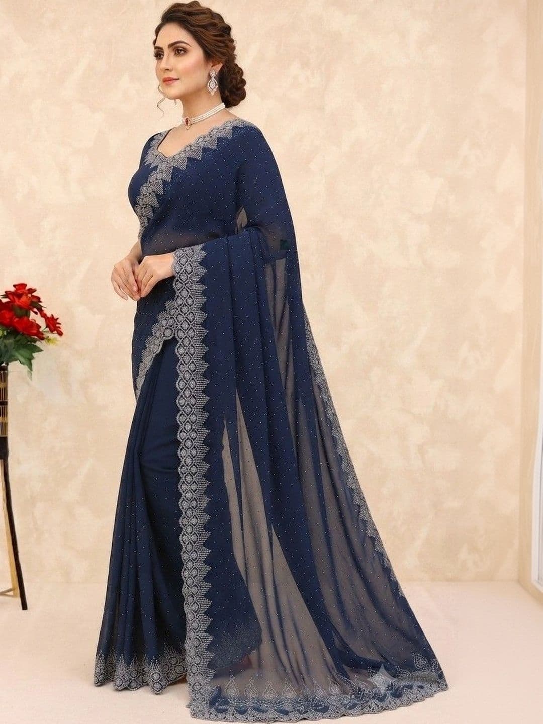 SmileyFashion Embellished Pure Georgette Saree thumbnail 3