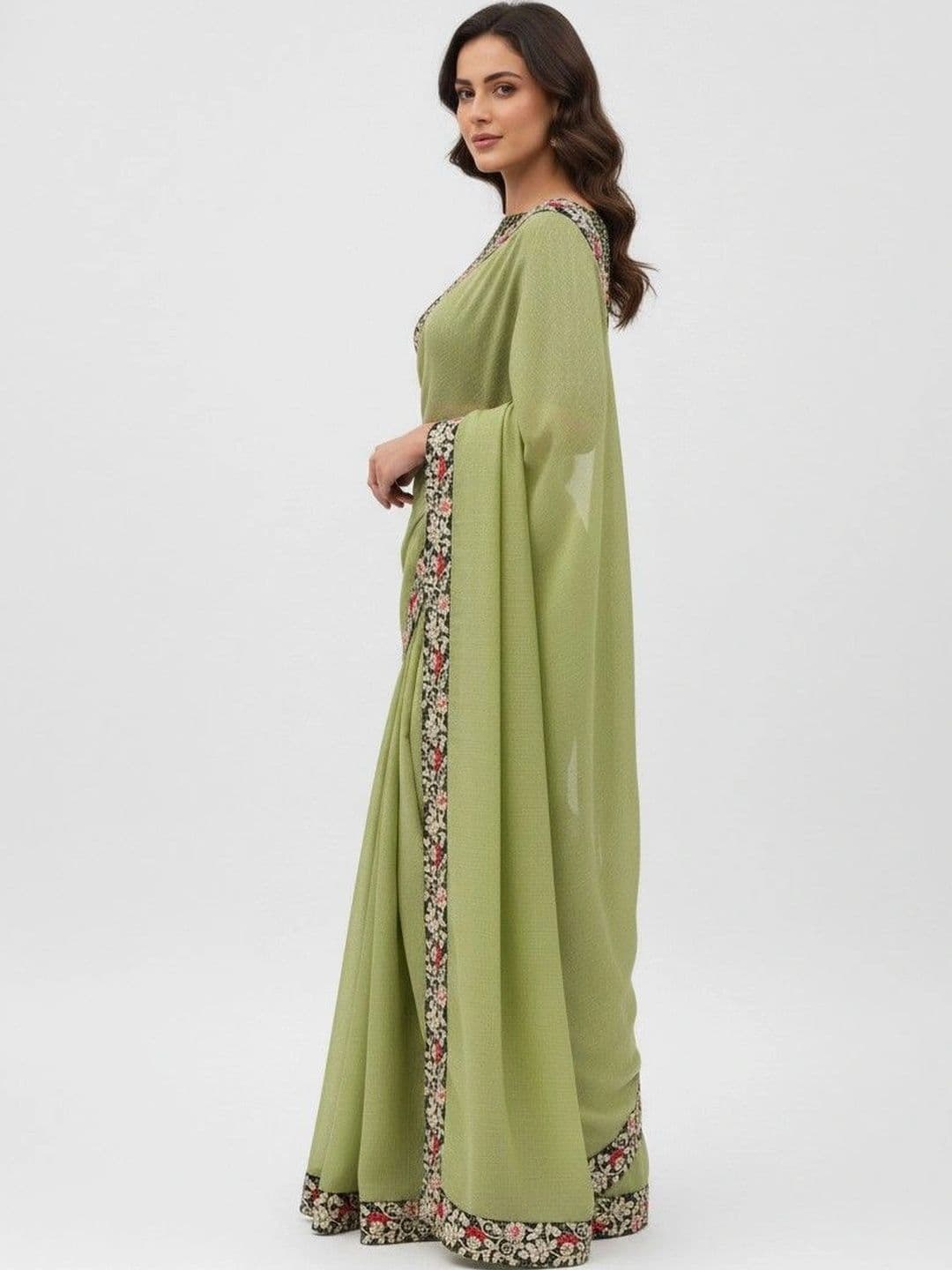 SmileyFashion Floral Embroidered Poly Chiffon Designer Saree thumbnail 6