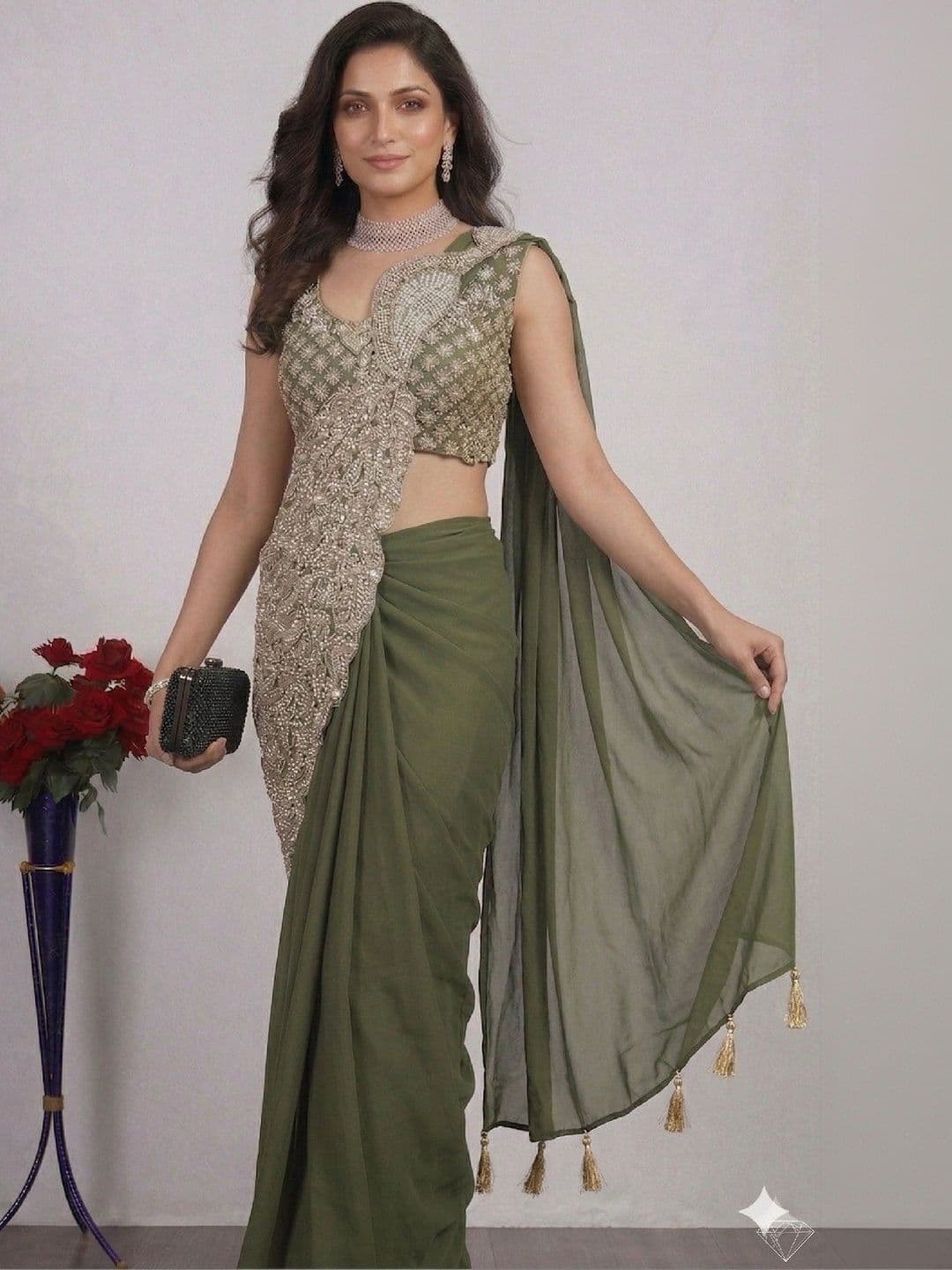 SmileyFashion Embellished Embroidered Pure Georgette Designer Saree thumbnail 4