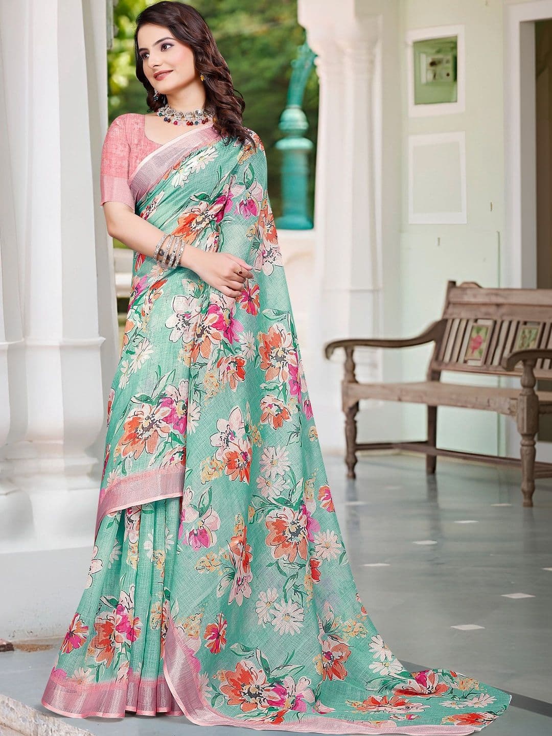 MANVAA Women's Sea Green Cotton Linen Saree thumbnail 7