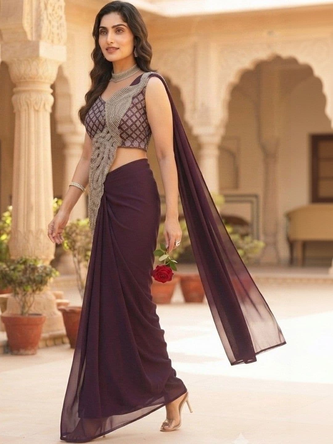 SmileyFashion Embellished Sequinned Pure Georgette Designer Saree thumbnail 2