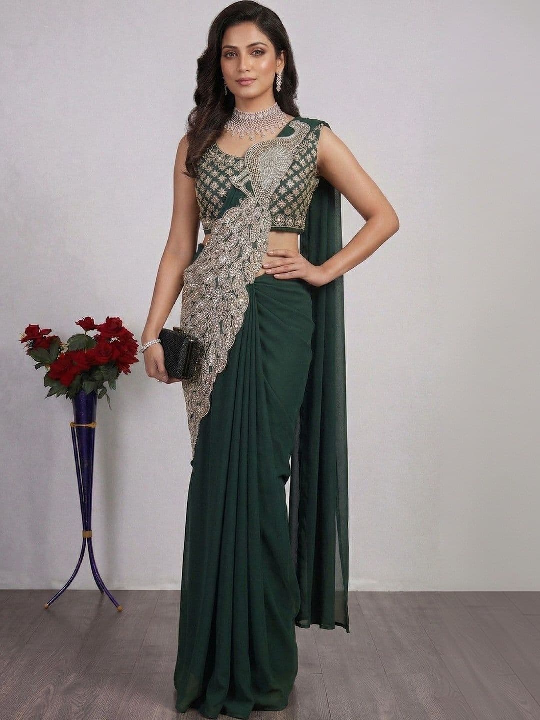 SmileyFashion Embellished Embroidered Pure Georgette Designer Saree thumbnail 3