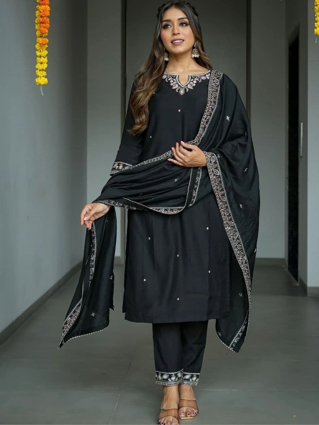 KALINI Women Ethnic Motifs  Regular Thread Work Kurta with Trousers & With Dupatta thumbnail 5