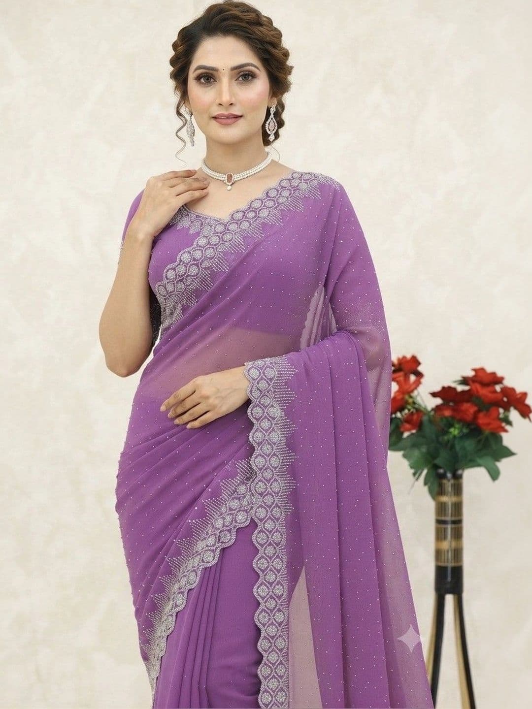 SmileyFashion Embellished Pure Georgette Saree thumbnail 2