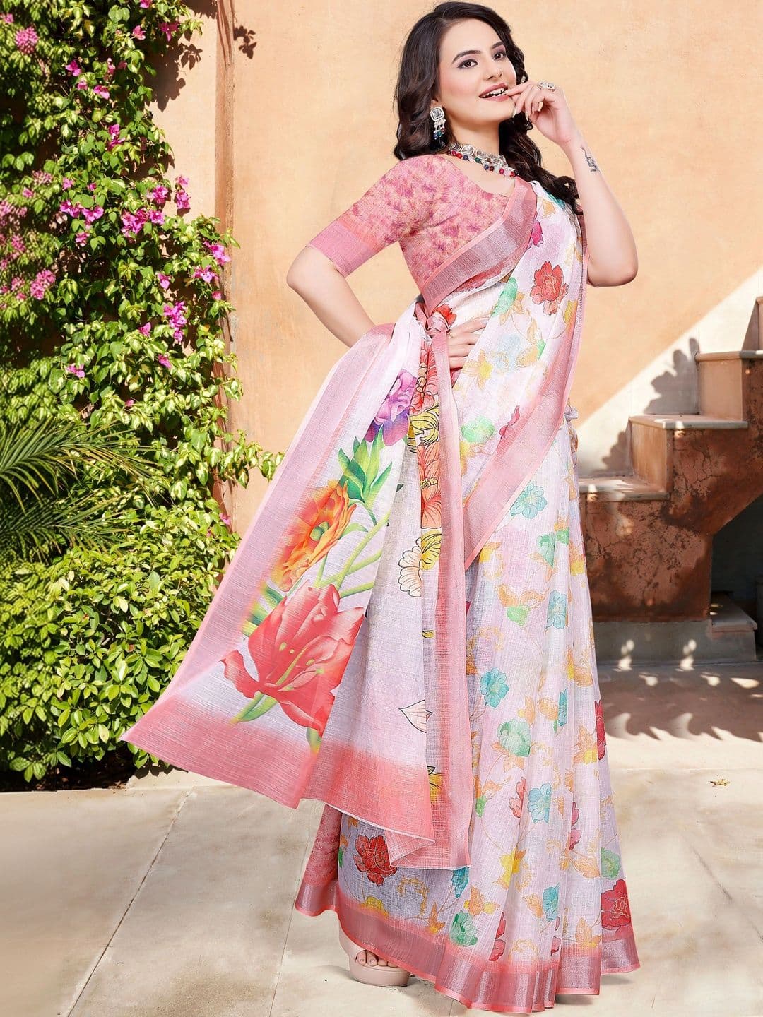 MANVAA Women Floral Cotton Saree thumbnail 5