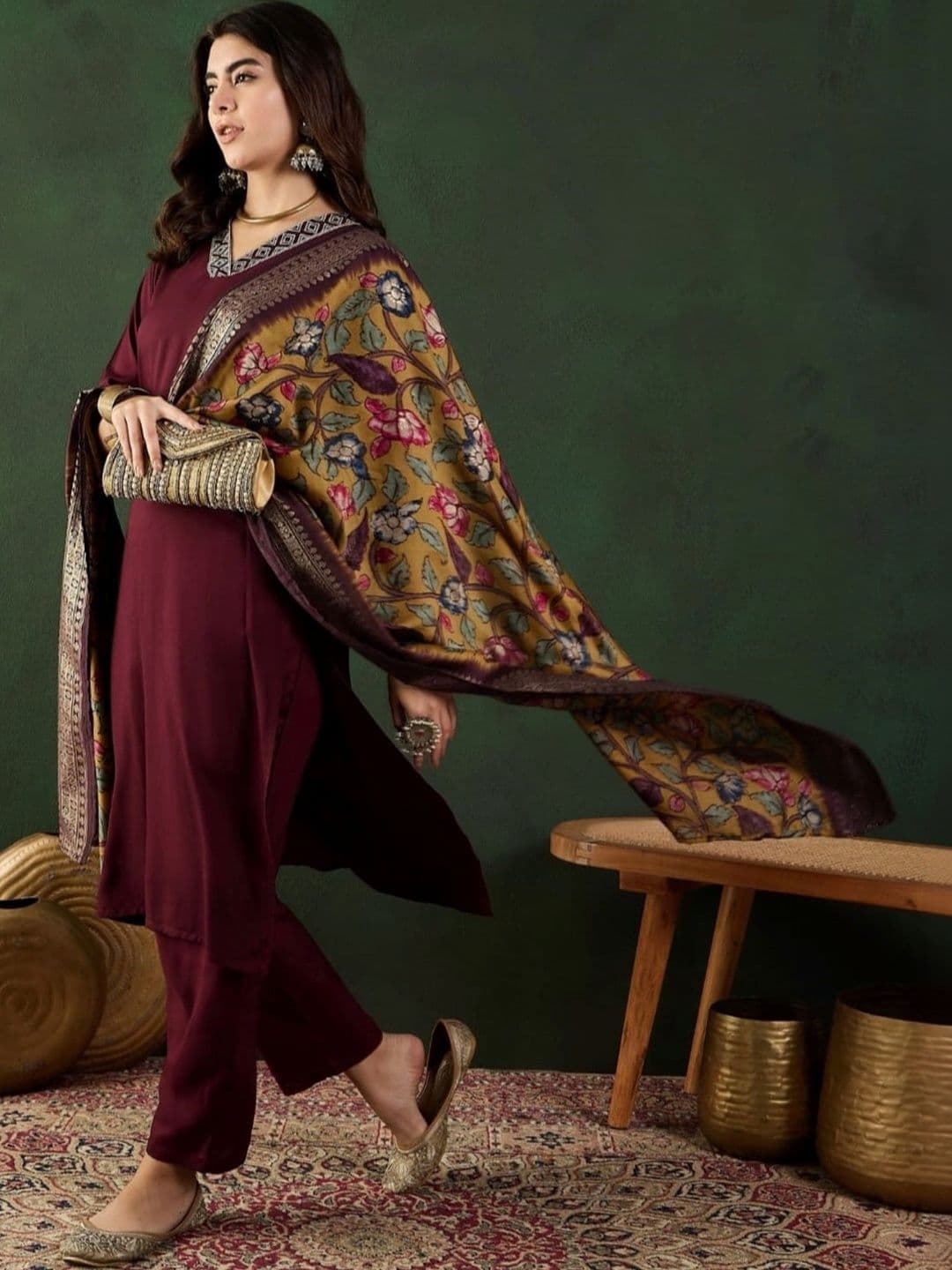KALINI Women Ethnic Motifs Regular Thread Work Kurta with Trousers & With Dupatta thumbnail 2