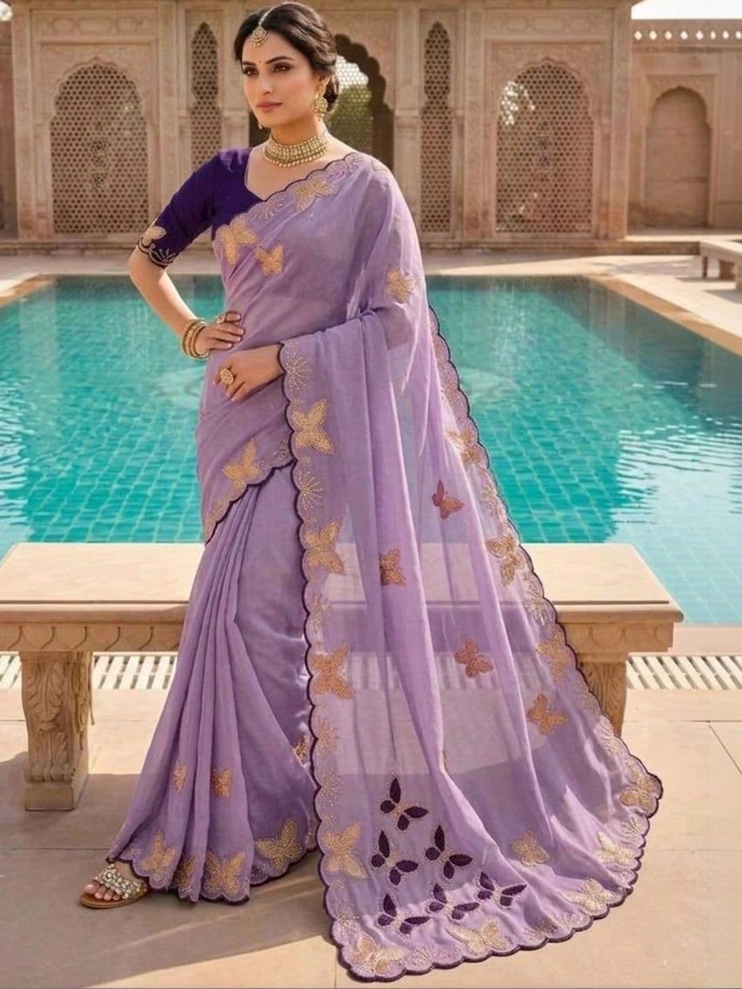 Drapes & Threads Co. Ethnic Motifs Embroidered Pure Georgette Designer Saree - view 1