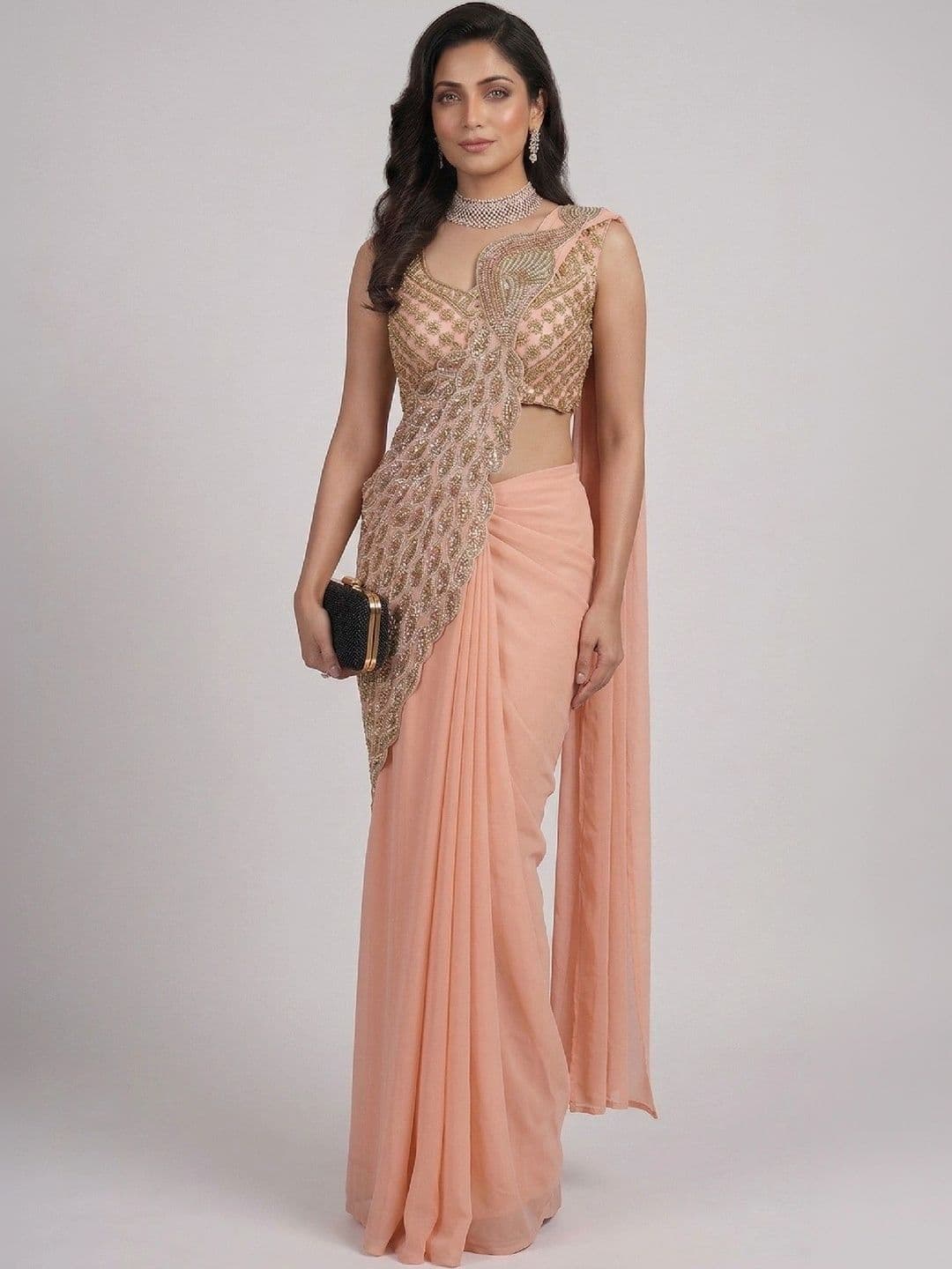 SmileyFashion Embellished Sequinned Pure Georgette Designer Saree - view 1