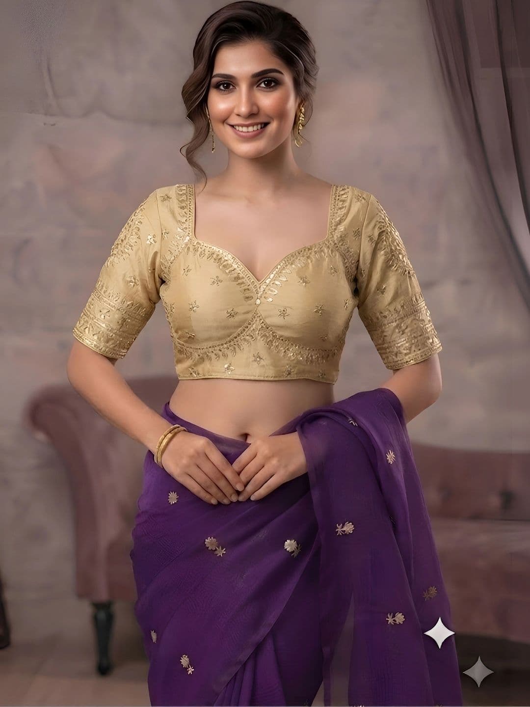 VRAGI Floral Zari Tissue Saree thumbnail 3