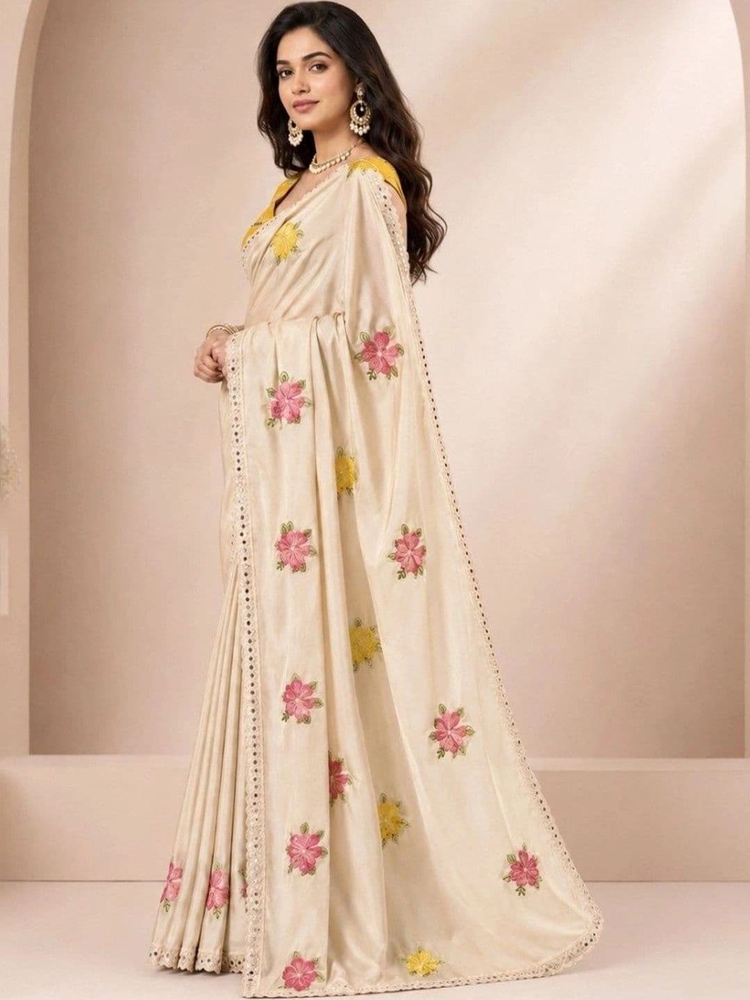 Kandora Floral Mirror Work Pure Georgette Designer Saree thumbnail 3