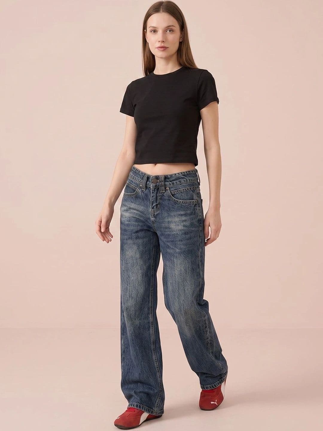 ATELIER REBEL Women Wide Leg Mid-Rise Low Distress Heavy Fade Jeans thumbnail 7