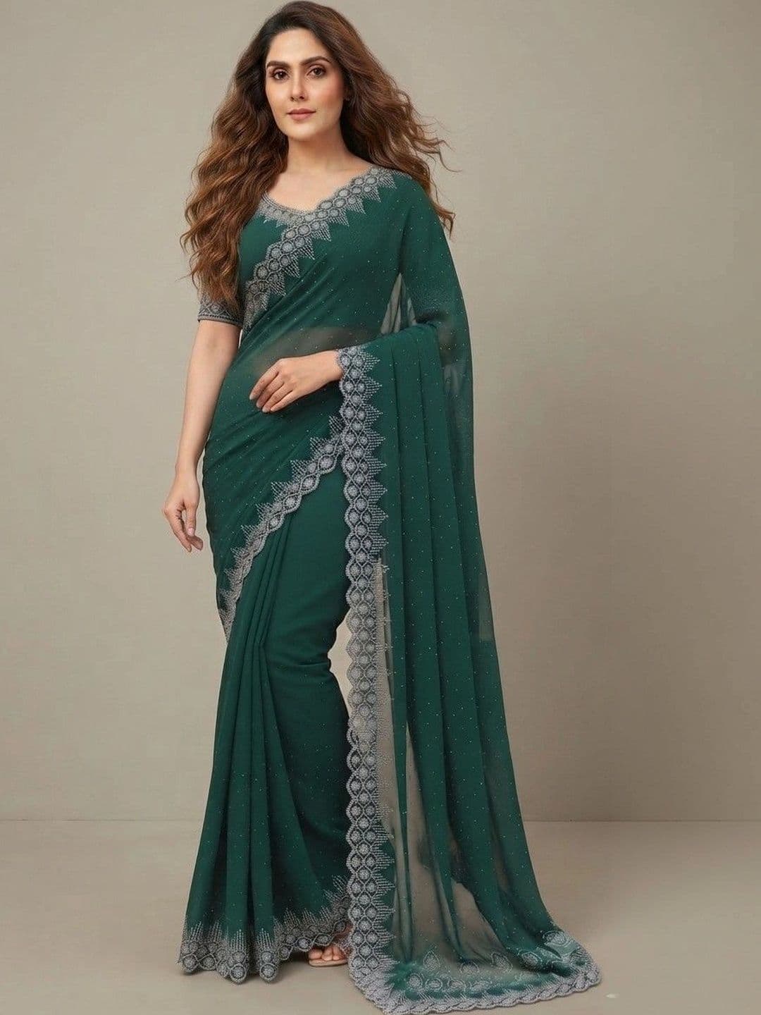SmileyFashion Embroidered Pure Georgette Saree thumbnail 2